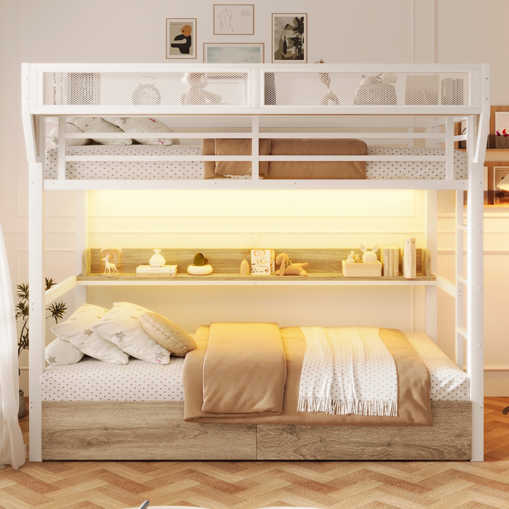 Flieks Etagenbett, Metallbett 90x200cm mit Schubladen LED-Beleuchtung Aufbewahrungskorb