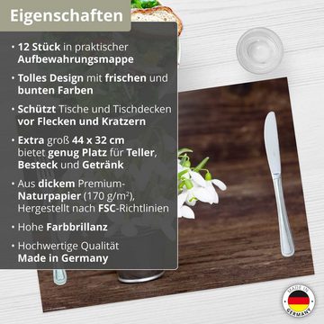Platzset, Tischset Frühling, Ostern & Blumen - Schneeglöckchen in Topf, Tischsetmacher, (aus Naturpapier in Aufbewahrungsmappe, 12-St., 44 x 32 cm / braun-weiß), Made in Germany