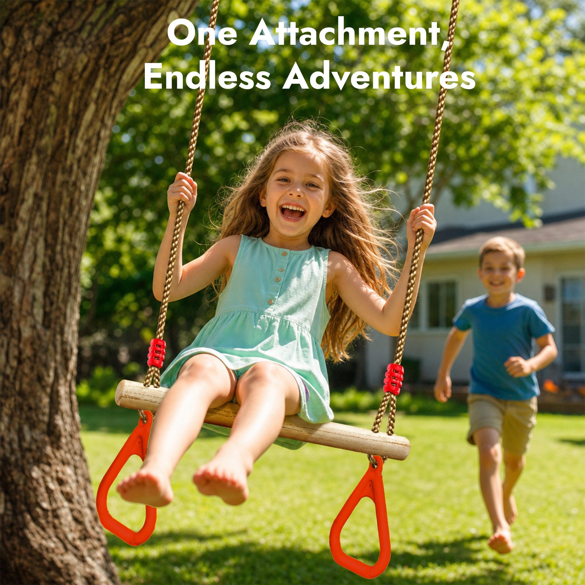 Goodevas Babyschaukelsitz Trapezstange mit Turnringen für Kinder – Holz-Schaukel, Höhenverstellbar 110–198 cm, für drinnen & draußen, einfache Montage – Bild 4 von 5