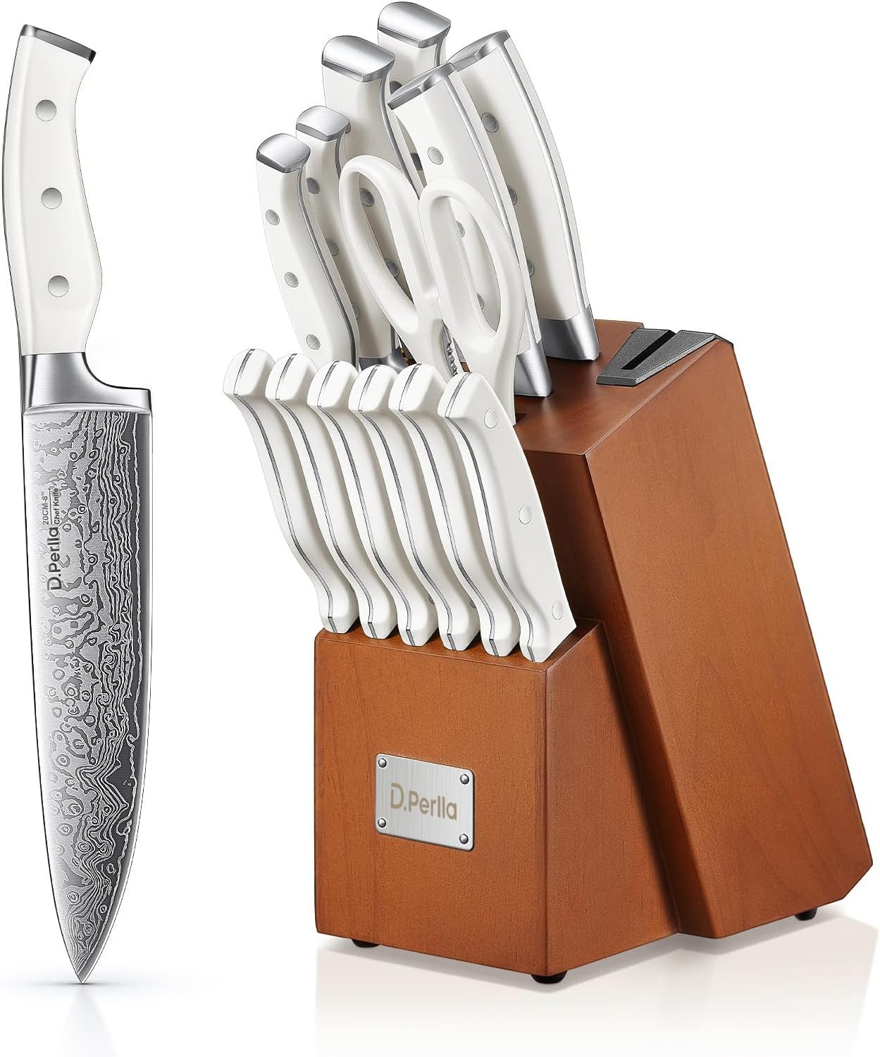 D.Perlla Messer-Set Messerblock Set, 14-TLG mit Messer, Kunststoff-Griff & Holzblock (14-tlg), mit einzigartigen Klingenmuster und ergonomischem Griff