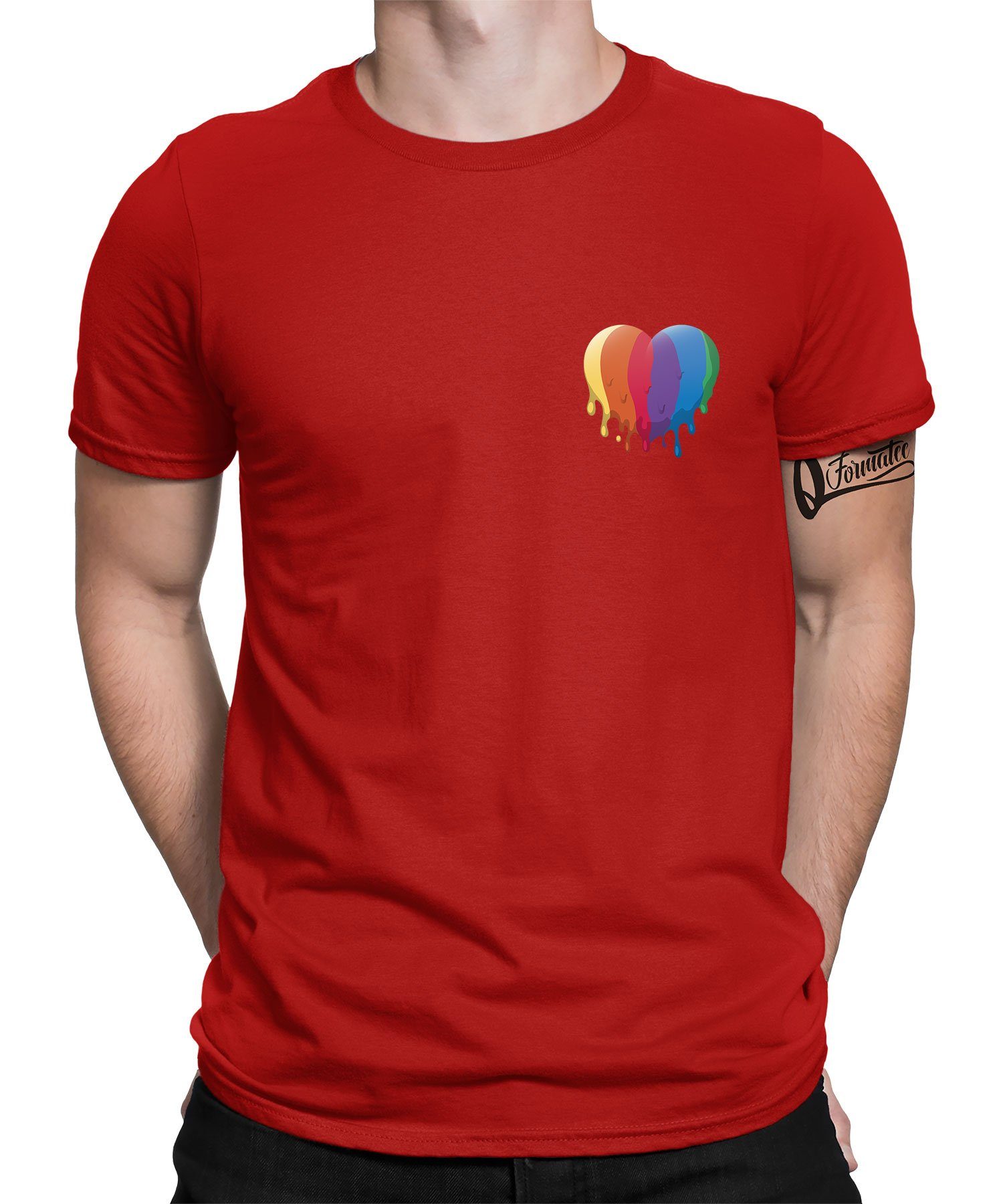 Quattro Formatee Kurzarmshirt Regenbogen Rot (1-tlg) - Herz Stolz T-Shirt LGBT Herren Pride Gay