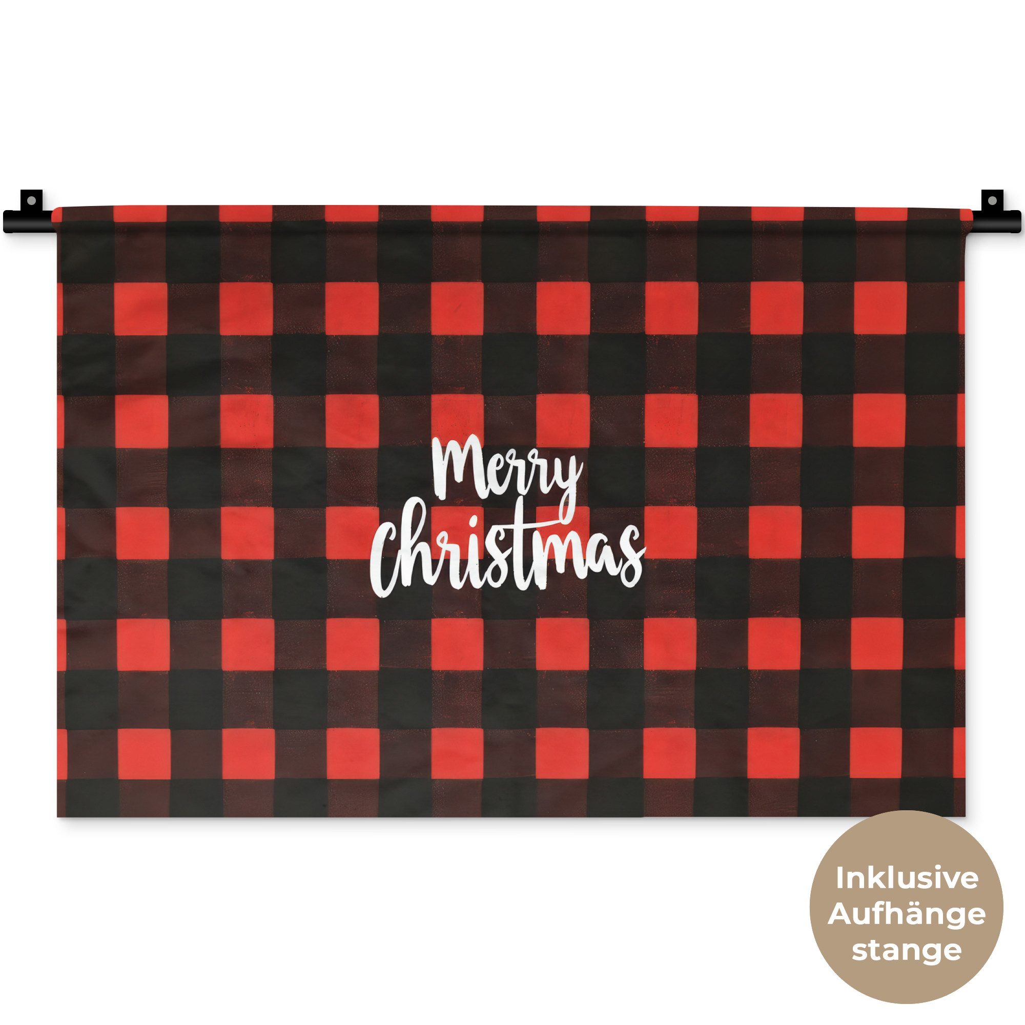 MuchoWow Wandteppich Kariert - Rot - Text - Weihnachten, Rechteckig, Höhe: 3 mm, Wandteppich für Wohnzimmer, Schlafzimmer, 60x40 cm