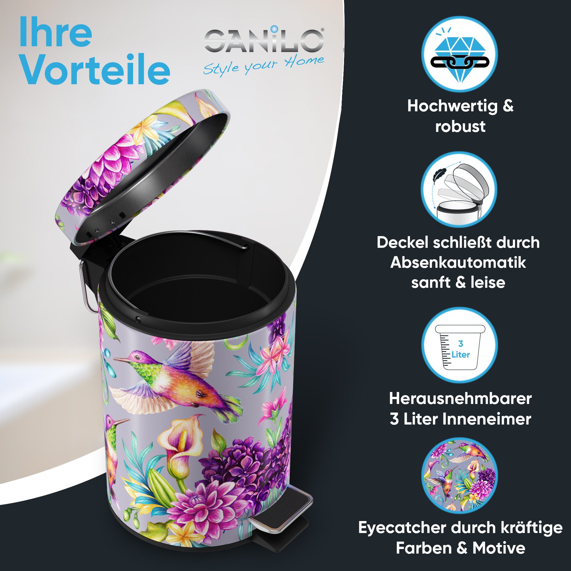 Sanilo Kosmetikeimer mit Motiv, viele schöne Bad Mülleimer zur Auswahl, 3 Liter, Abfalleimer mit Absenkautomatik & Innenbehälter