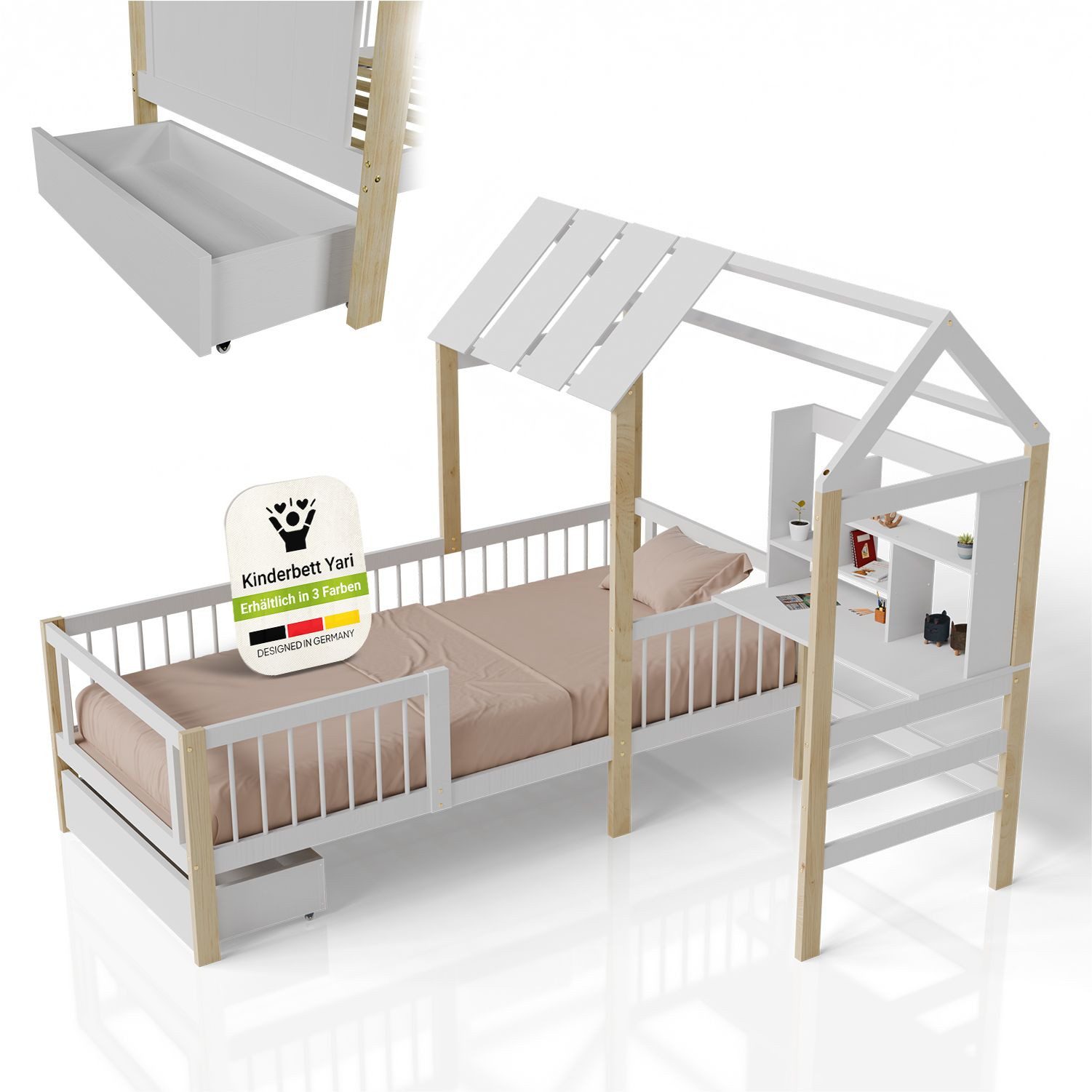 Juskys Kinderbett Yari, 90x200 cm, Hausoptik, Schreibtisch, 3 - 10 Jahre, H günstig online kaufen
