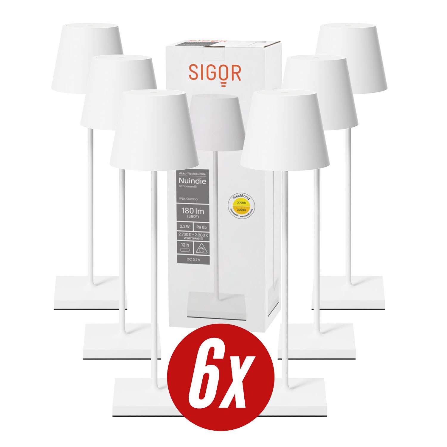 SIGOR LED Tischleuchte 6x Nuindie USB-C 380mm schneeweiß, Dimmbar, 1 LED Platine, 2.700 K / 2.200 K