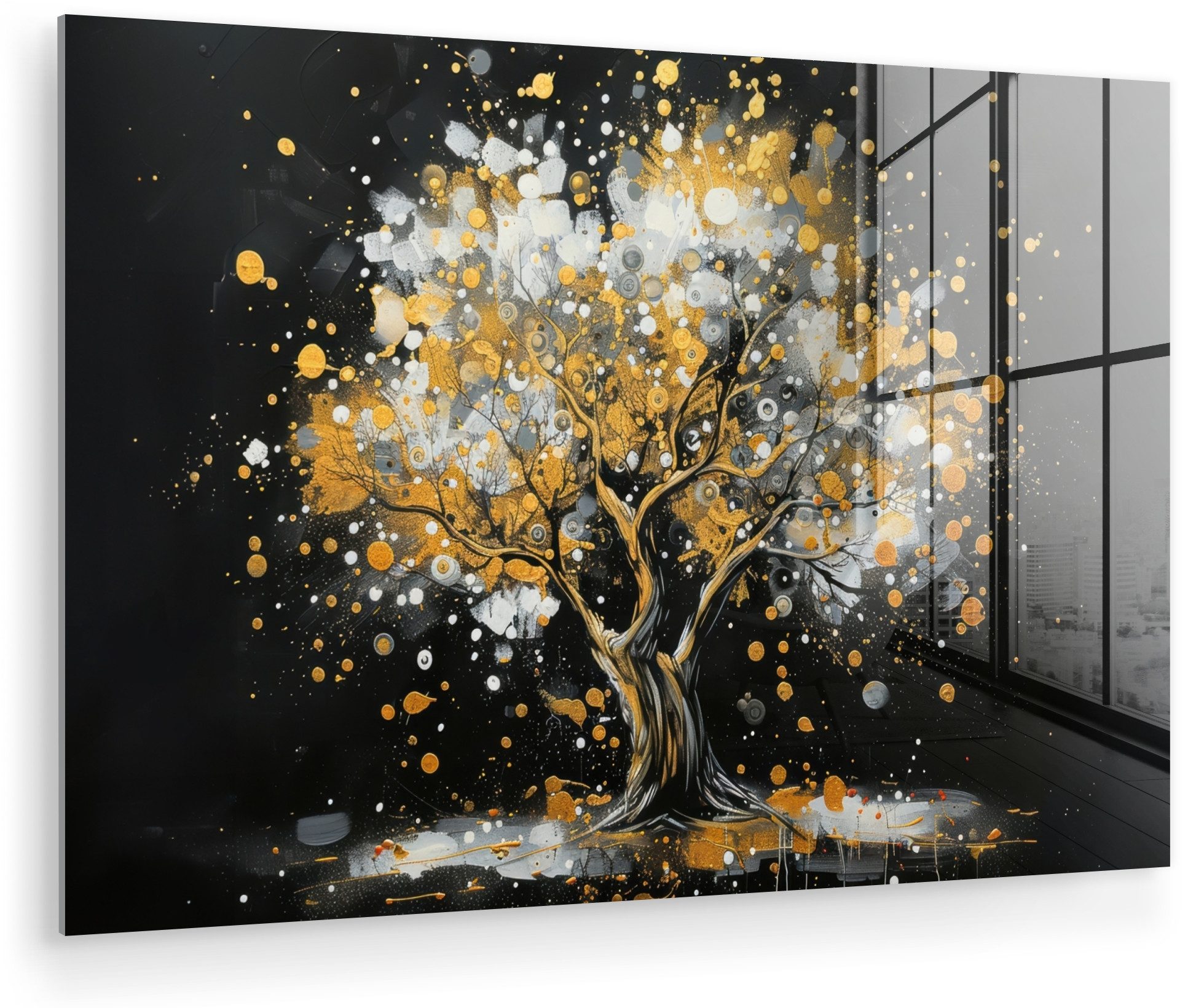 MuchoWow Acrylglasbild Baum - Schwarz - Gold - Weiß - Modern, Inkl. Aufhängung, Glasbilder Wohnzimmer, Schlafzimmer, Flur & Esszimmer, 30x20 cm