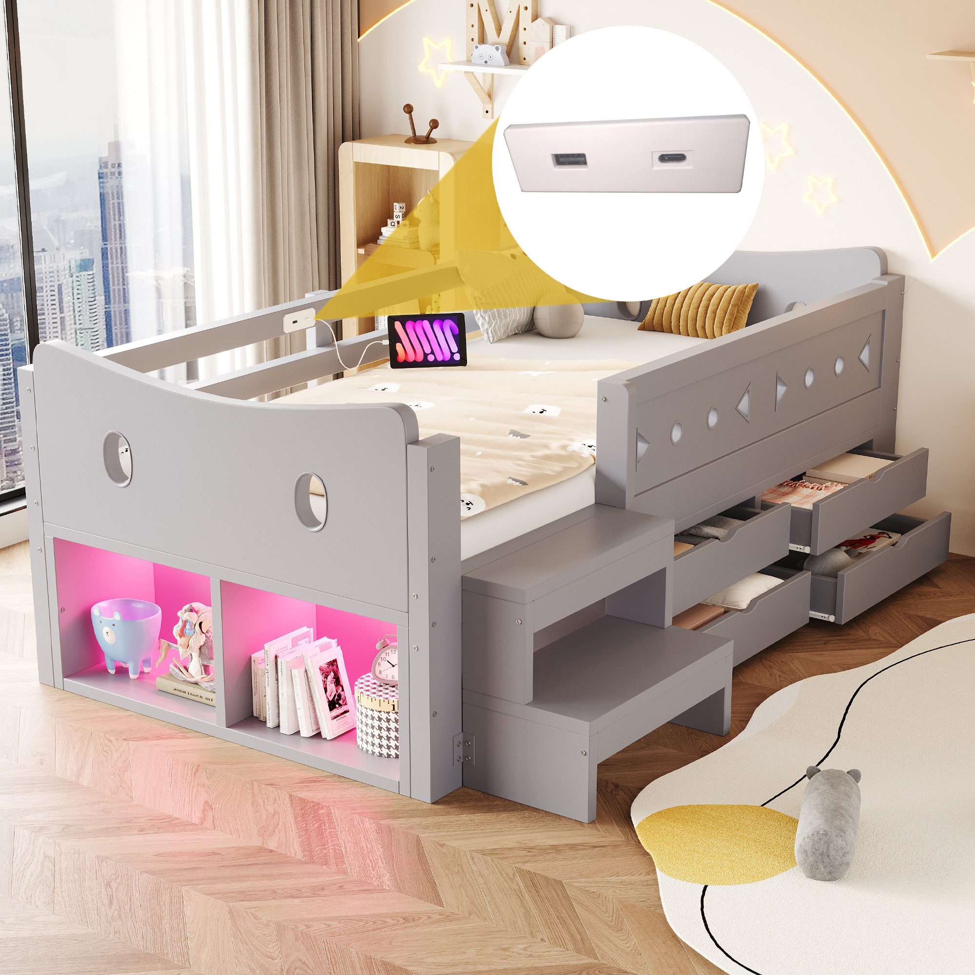 Merax Kinderbett 90×200cm mit LED-Beleuchtung und USB- & Typ-C-Anschluss (1-tlg., Einzelbett Hausbett aus Kiefernholz), Jugendbett mit 4 Schubladen, Sicherheits – Bild 5 von 5