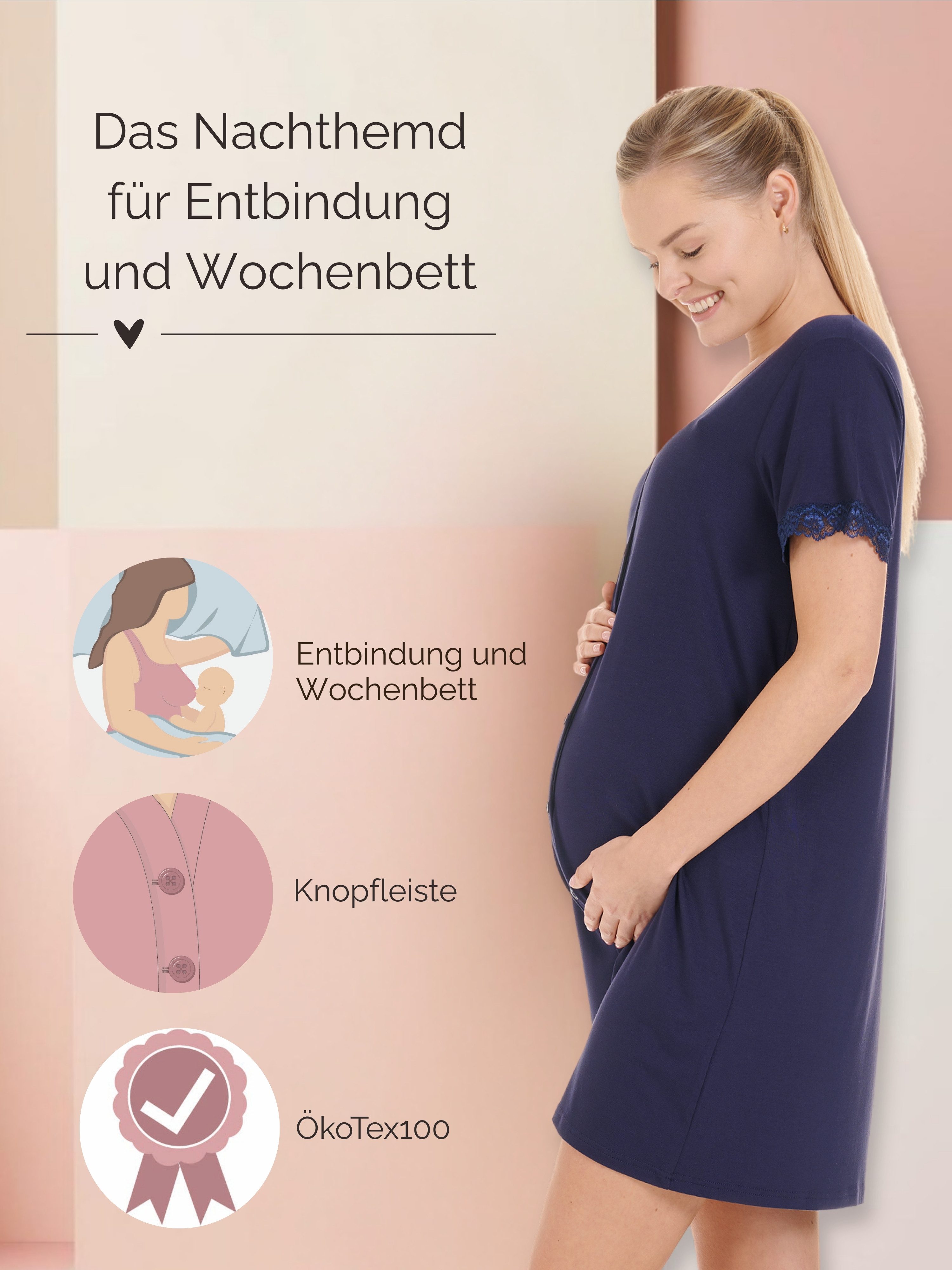 Herzmutter Umstandsnachthemd Stillnachthemd - Knopfleiste - Wochenbett-Geburt Schwangerschaftsnachtkleid