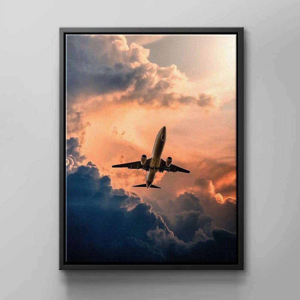 DOTCOMCANVAS® Leinwandbild, Flugzeug Wandbild bei roten Sunnenuntergang schwarzer Rahmen