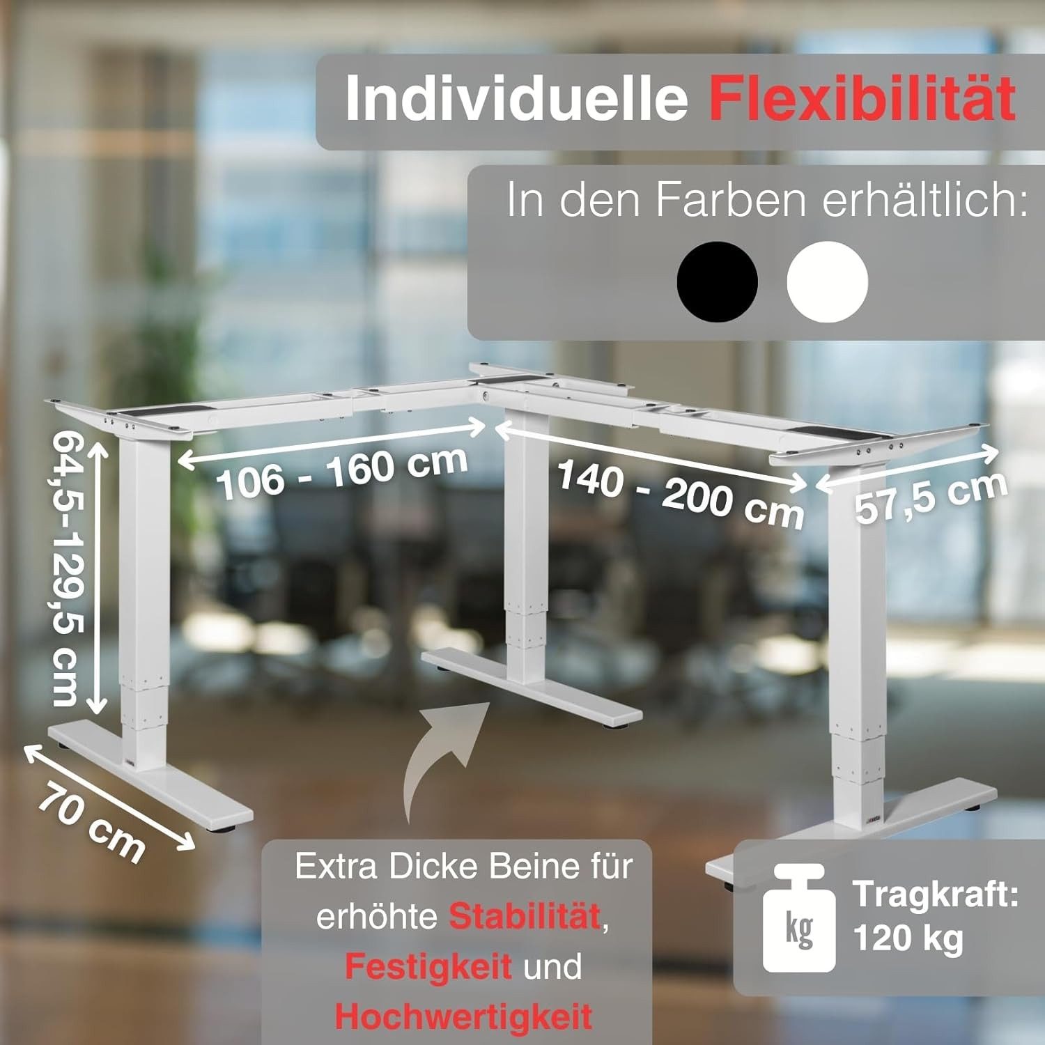 exeta Eckschreibtisch exeta ergoECK höhenverstellbarer Schreibtisch elektrisch Dreieck LForm (Set, Set), Breite 140 bis 200 cm, Tiefe 106 bis 160 cm, Höhe 64,5 bis 129,5 cm