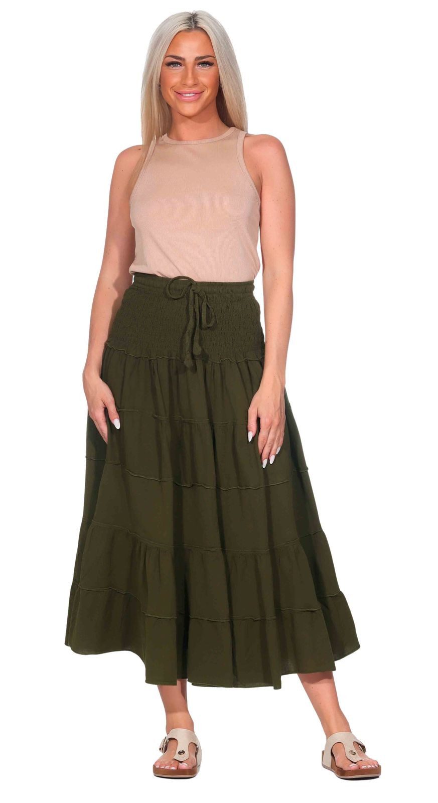 KUNST UND MAGIE Stufenrock Sommerrock Damen Rock Baumwolle – Boho Maxirock mit elastischer Taille