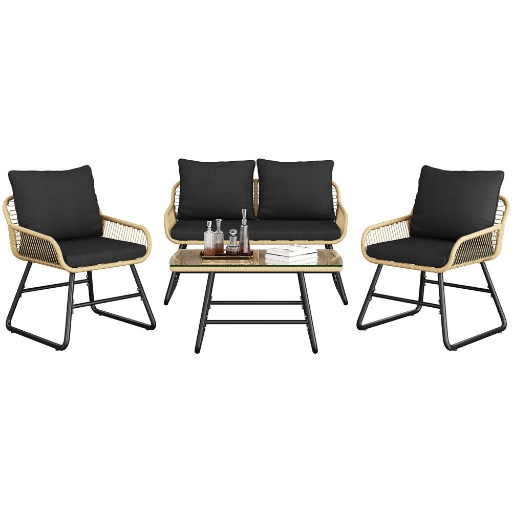 Yaheetech Gartenlounge-Set 4 tlg., 2 Sessel, 1 Zweisitzer-Sofa & 1 Glastisch Wetterfest für Außenbereiche