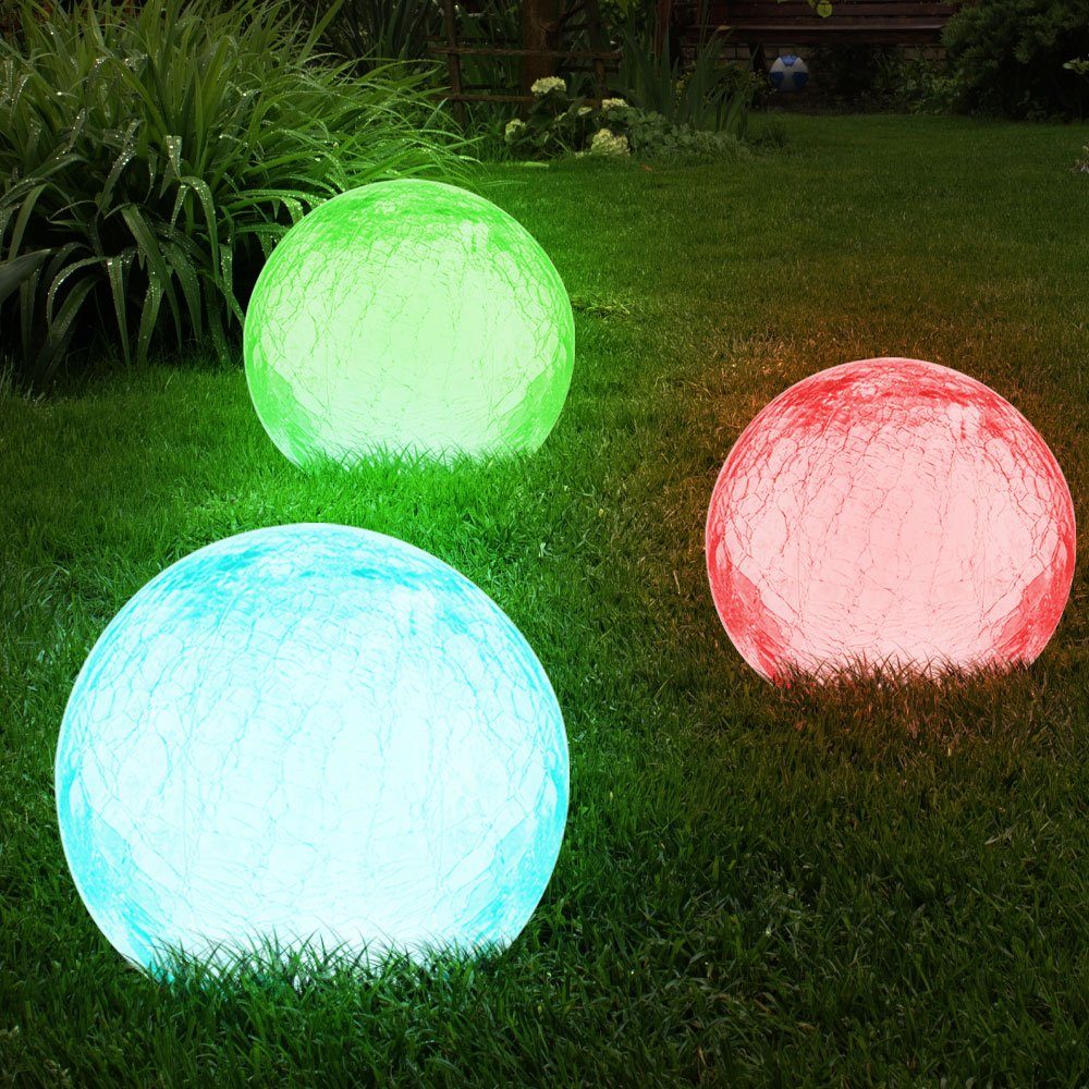 etc-shop LED Gartenleuchte, LED-Leuchtmittel fest verbaut, Farbwechsel, 3er Set RGB LED Solar Glas Kugel Steck Lampen Garten Weg Außen