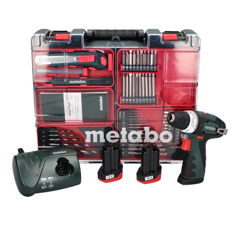metabo Säulenbohrmaschine PowerMaxx BS Basic Set Akku Bohrschrauber 10,8 V 34 Nm + 2x Akku 2,0
