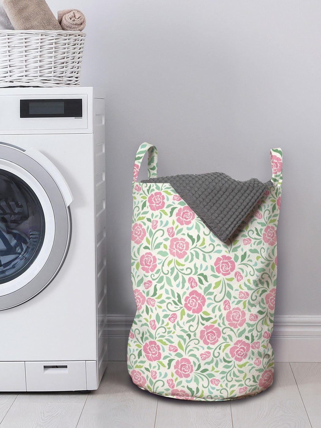 Abakuhaus Wäschesäckchen Wäschekorb mit Griffen für Waschsalons, Englischer Rosen-Blätter Garten Kordelzugverschluss