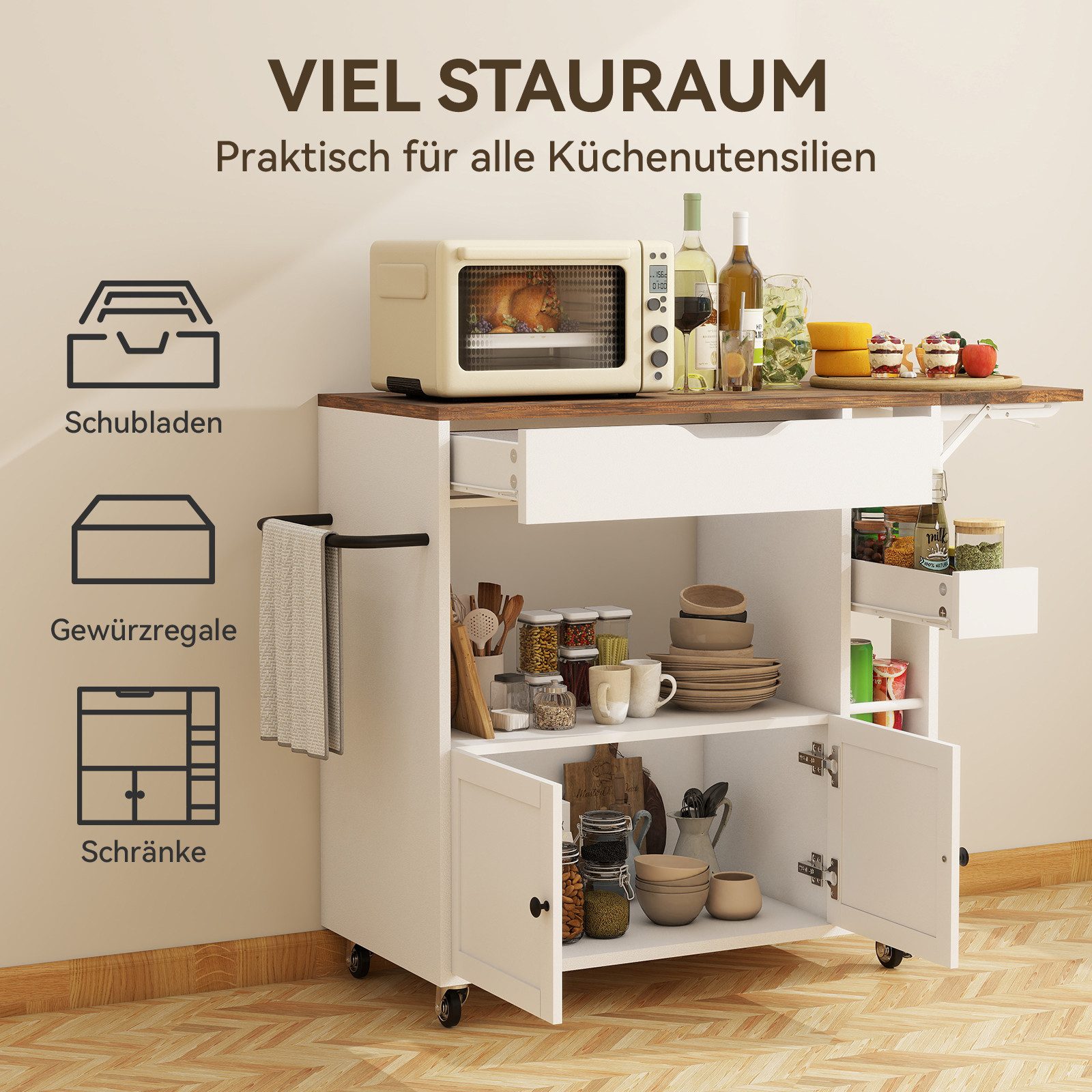 Puluomis Küchenwagen Servierwagen mit erweiterbare Arbeitsplatte, Handtuchhalter, 104x40x89, 360° Rollen mit Bremsen, Mobiler Wagen mit Gewürzregal – Bild 2 von 5
