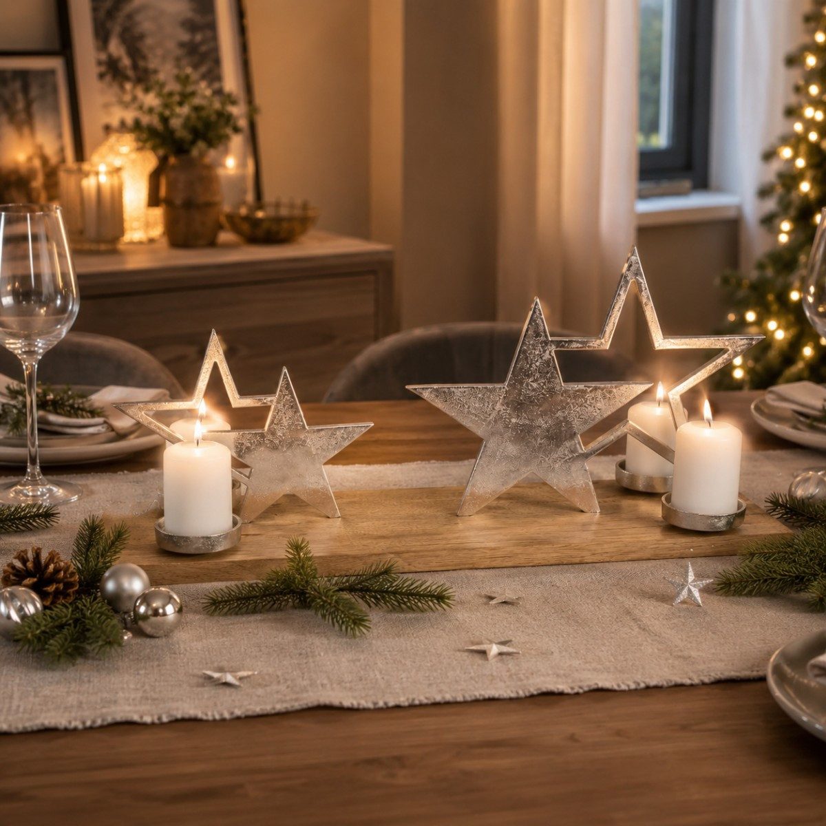 RIFFELMACHER & WEINBERGER Adventsleuchter XL Holz Adventskerzenhalter mit Sternen - Silber 6
