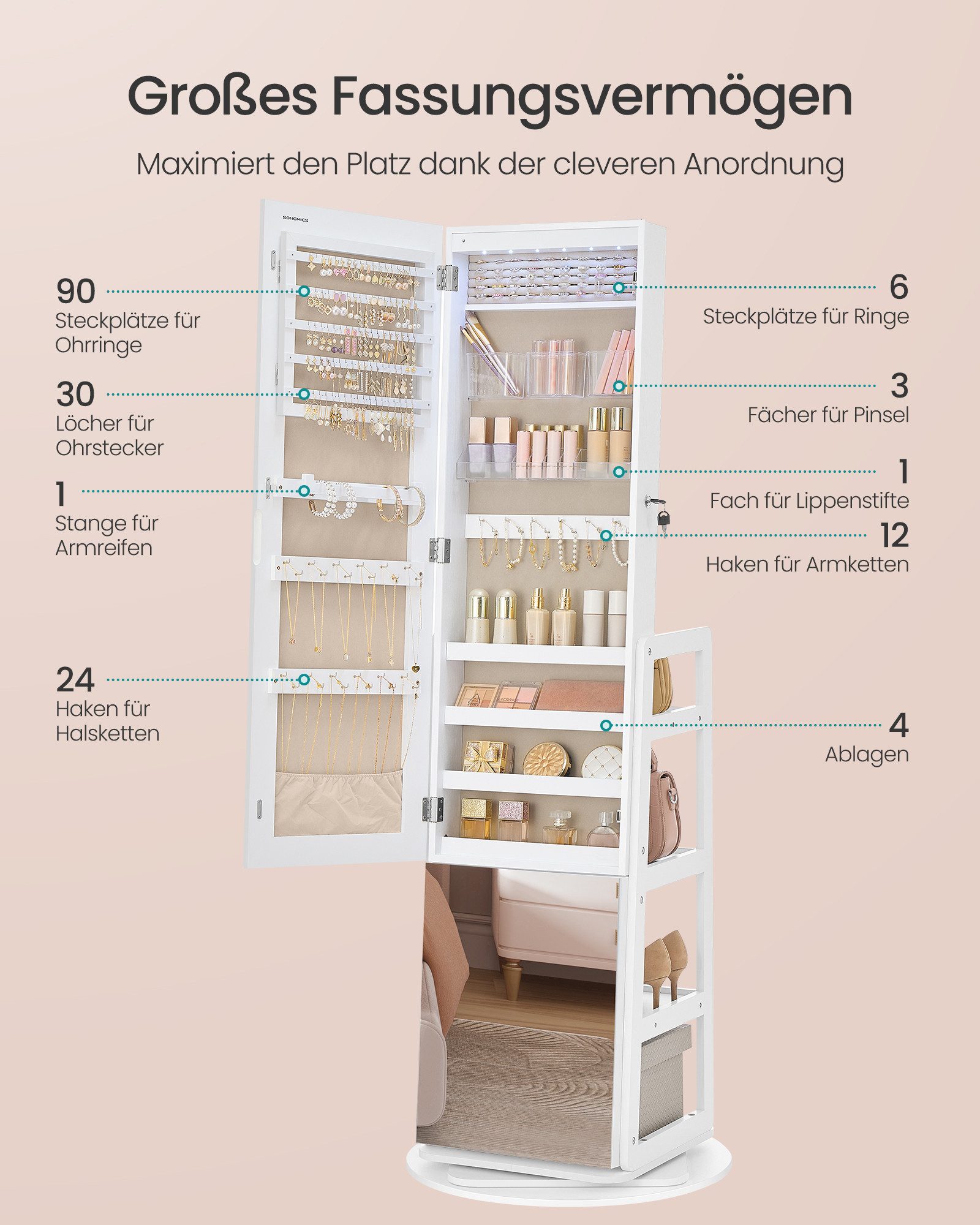 SONGMICS Schmuckschrank mit Ganzkörperspiegel, Schmuckaufbewahrung, Spiegelschrank,360°drehbar Schlafzimmer, Ankleidezimmer, Flur, 56,5 x 56,5 x 162cm (T x B x  – Bild 4 von 5