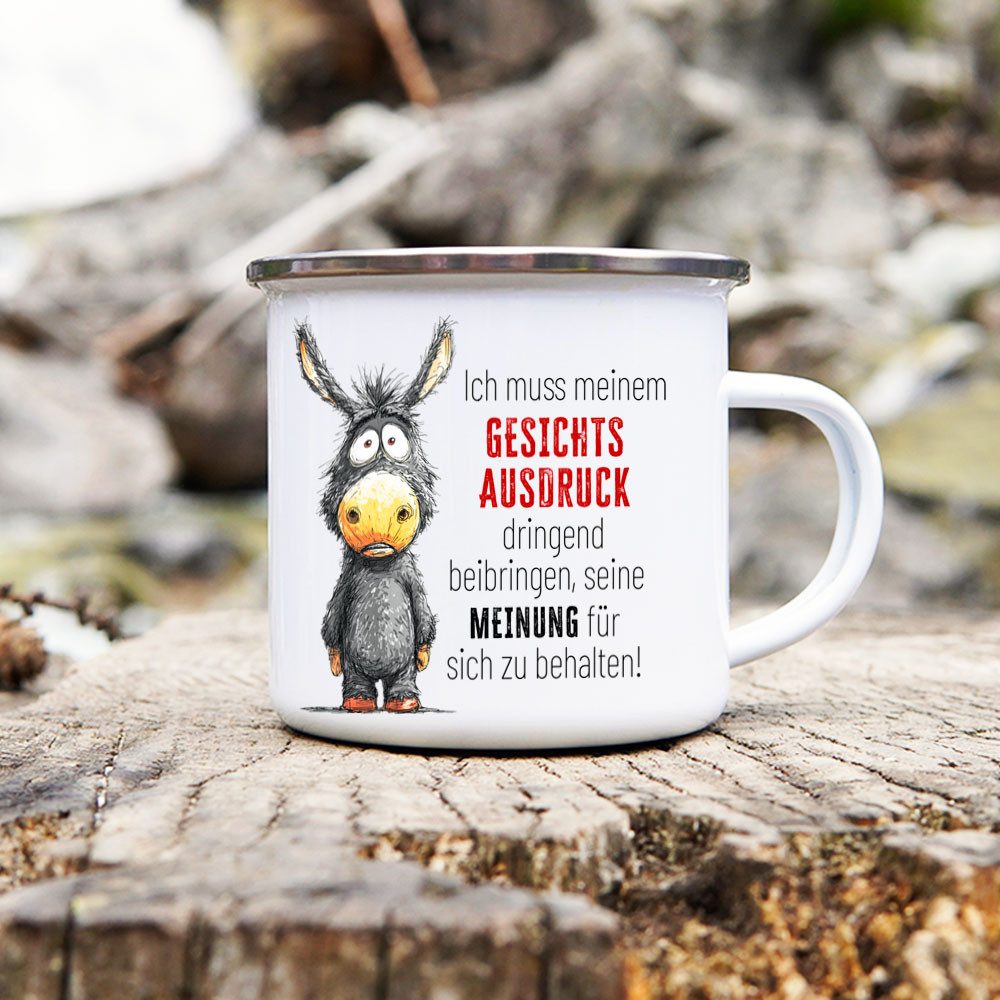 Cadouri Tasse Emaille Tasse 'Gesichtsausdruck' Kaffeetasse, Metall, Outdoortasse, Campingbecher Edelstahl, handgefertigt, Geschenk, 300 ml
