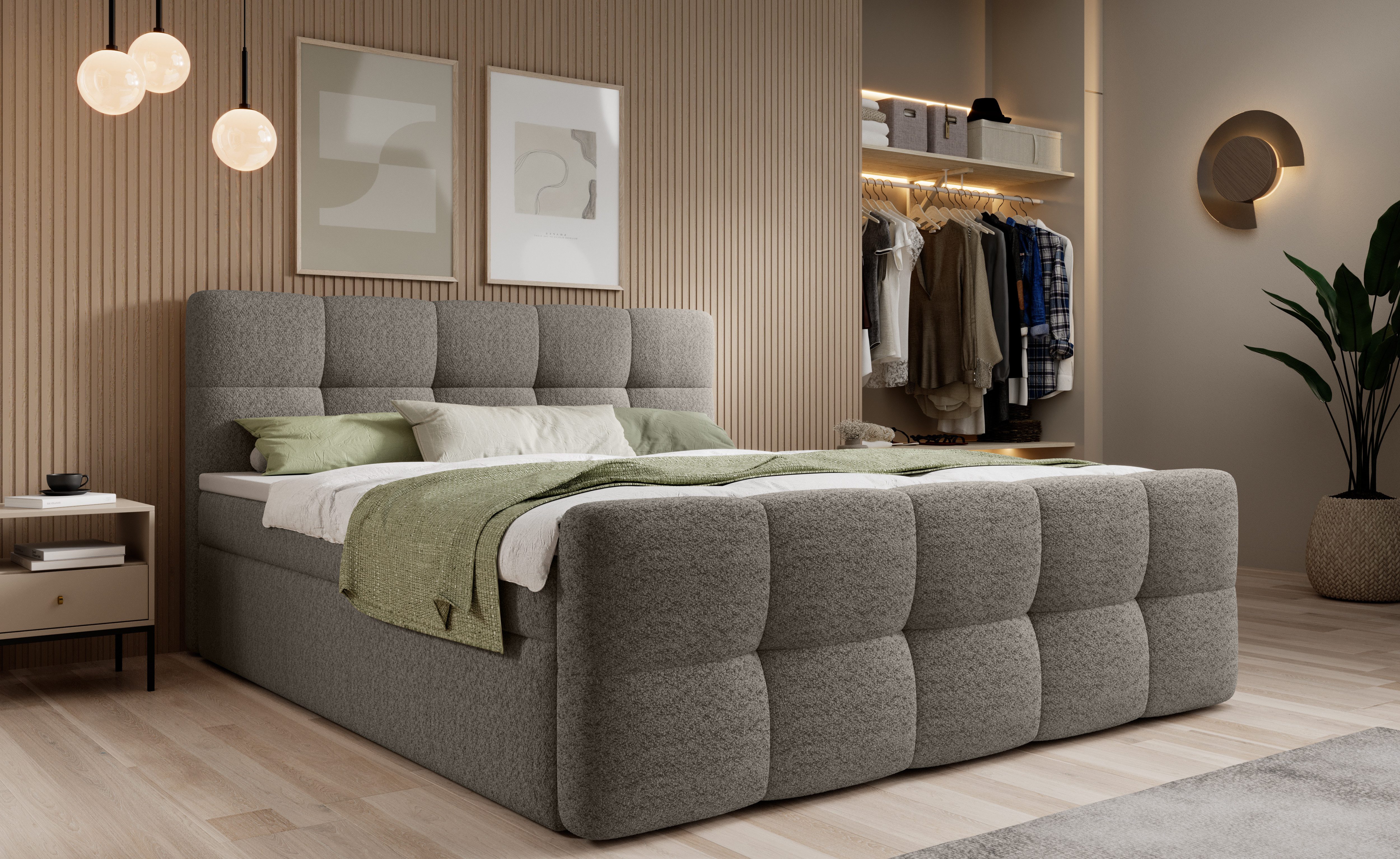thematys Boxbett mit Bettkasten 140x200–200x200 cm – Velours oder Bouclé Bezug – (Polsterbett Bonnellfederkern Matratze H3 + Gratis 3cm Topper, Boxbett - Luxus Doppelbett mit Stauraum)