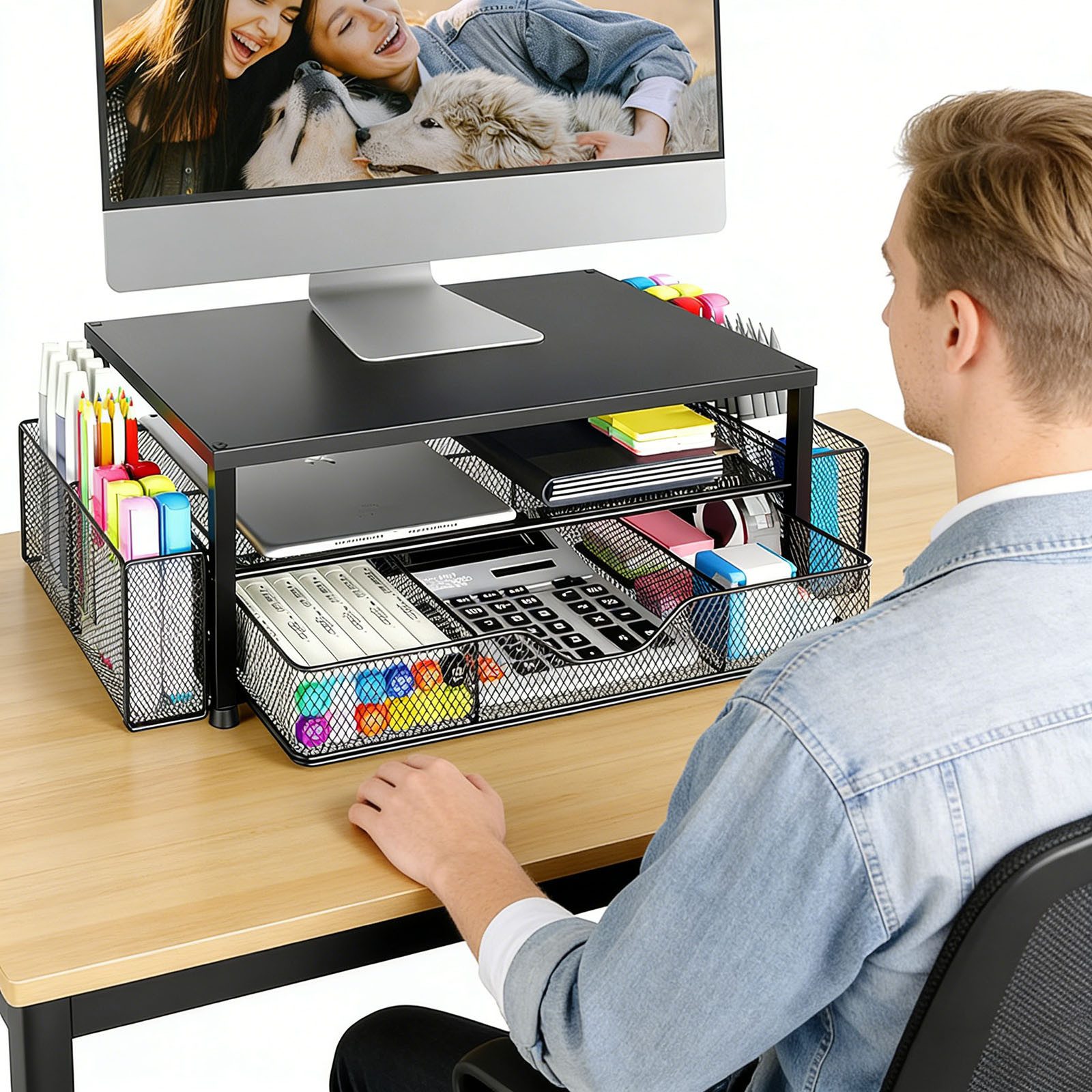 BlingBin Monitorständer Ergonomischer doppelstöckiger Schreibtischorganizer, (1 Stück, 1-tlg., 39,5 x 25,5 x 16 cm, mit Schublade und 2 Stifthalter für Bürozube – Bild 3 von 5