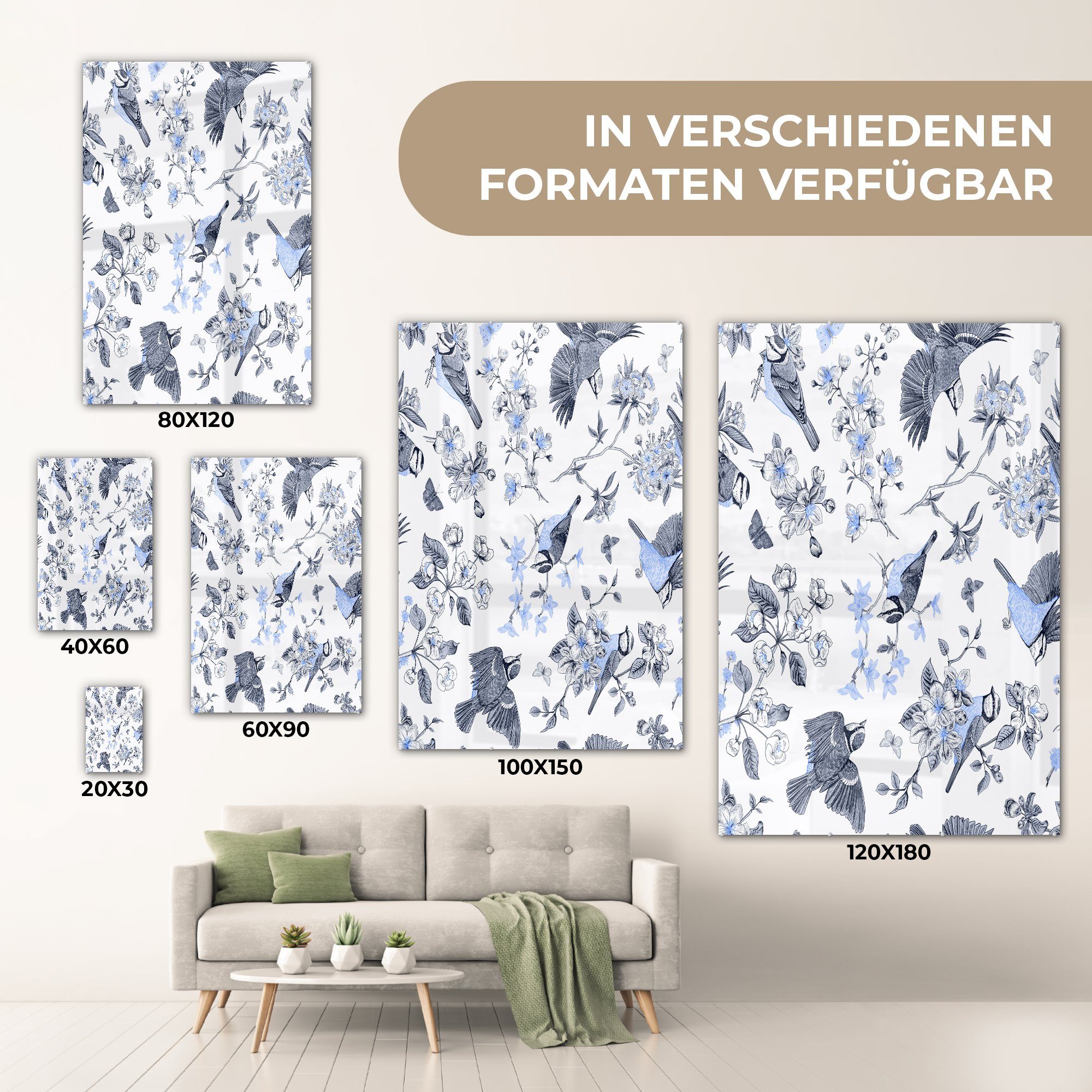 Acrylglasbild Blau, Blumen Wanddekoration Bilder - auf - - St), Glas - MuchoWow Wandbild - Glas auf Foto (1 Vogel Glasbilder