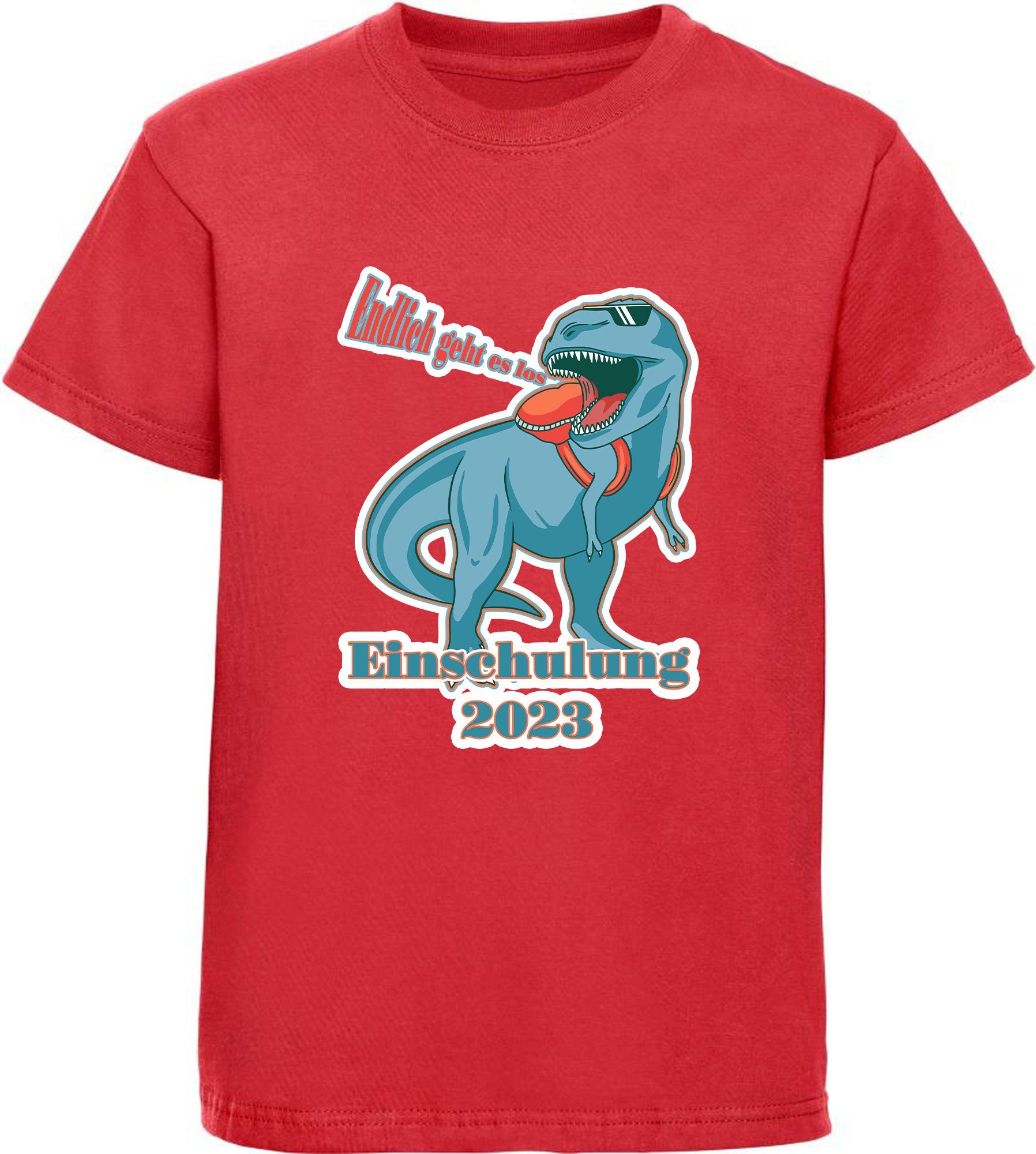 T-Shirt Endlich schwarz, weiß, Aufdruck, rot, es Kinder i37 MyDesign24 blau, Baumwollshirt 2023 T-Rex bedrucktes Einschulung los geht Print-Shirt -
