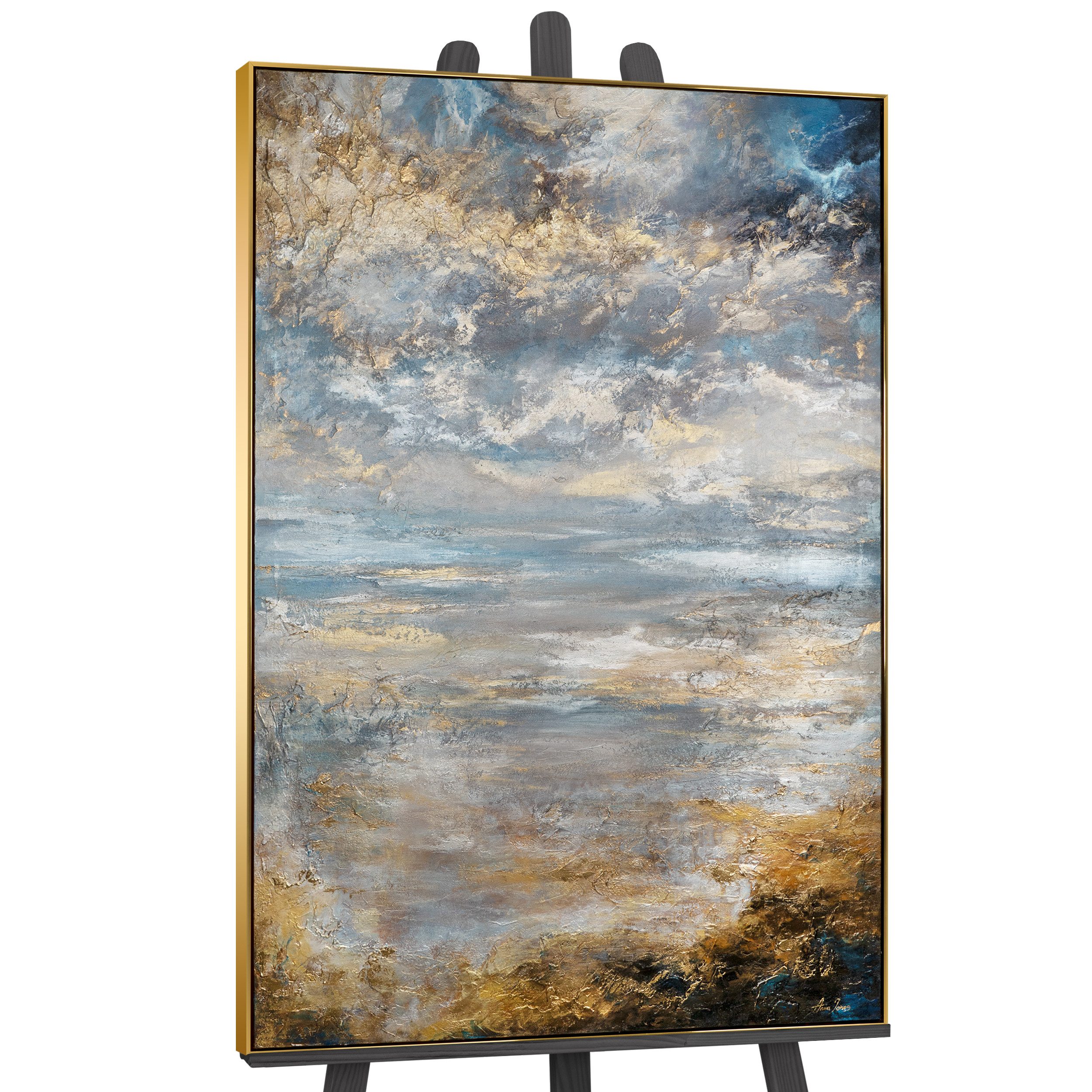 YS-Art Картина Stille Morgendämmerung, Landschaft, Meeresabstraktion in hellen Farben mit Gold gerahmt