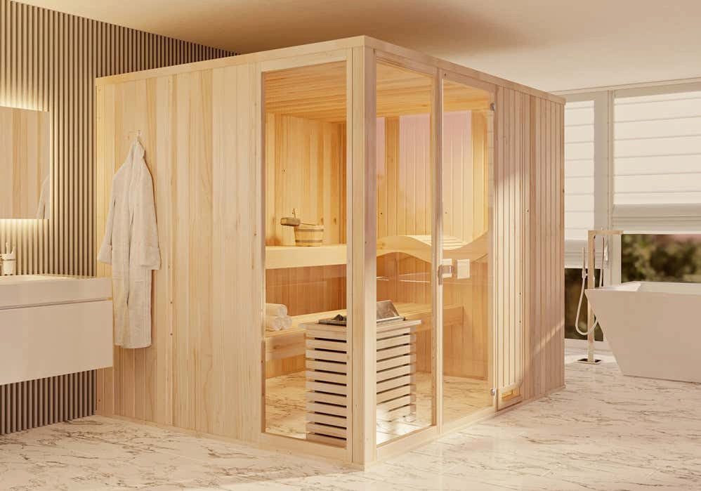 FinnTherm Sauna Innensauna Ergo Panorama, BxTxH: 244 x 194 x 199 cm, 72 mm, in Naturbelassen