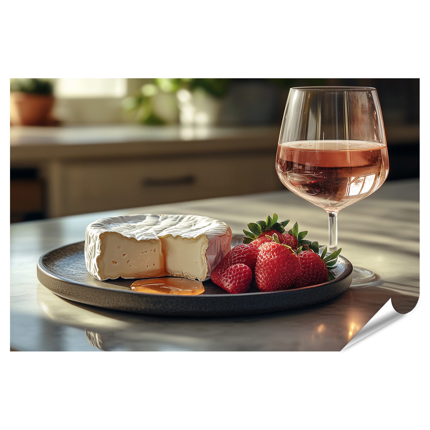islandburner Poster Käse mit Erdbeeren und Roséwein auf Tisch