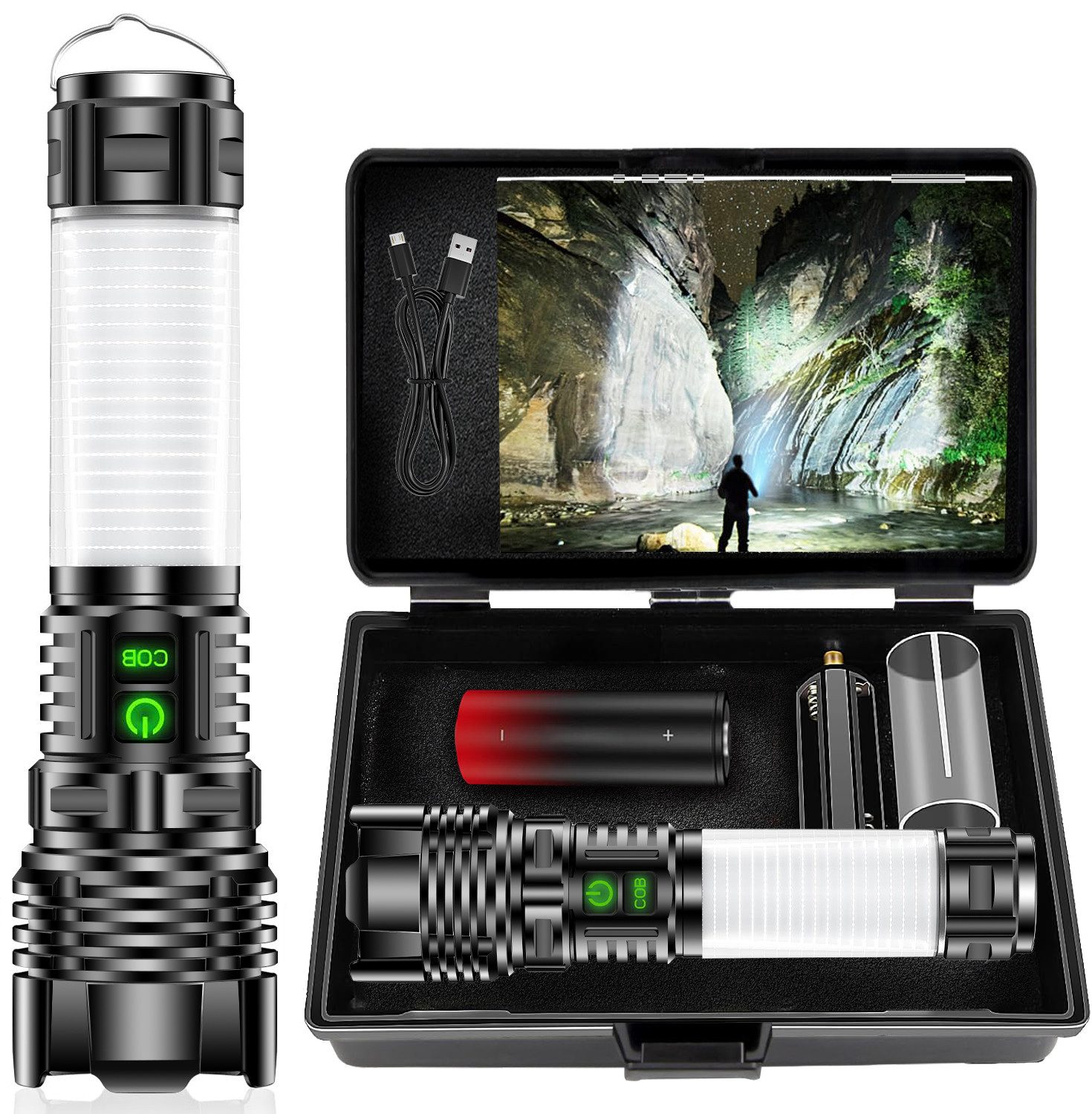 FOSMET LED Taschenlampe LED Taschenlampe Extrem Hell 300,000 Lumen, 5000 mAh Zoombar Handlamp (5 Lichtmodi,Handlamope, USB Aufladbar Taktische Кишенькові ліхтарики, Multifunktionale Campingbeleuchtung,IP67 wasserdicht,Zoomfunktion), 5 Lichtmodi: High, Medium, Low, Strobe und SOS.