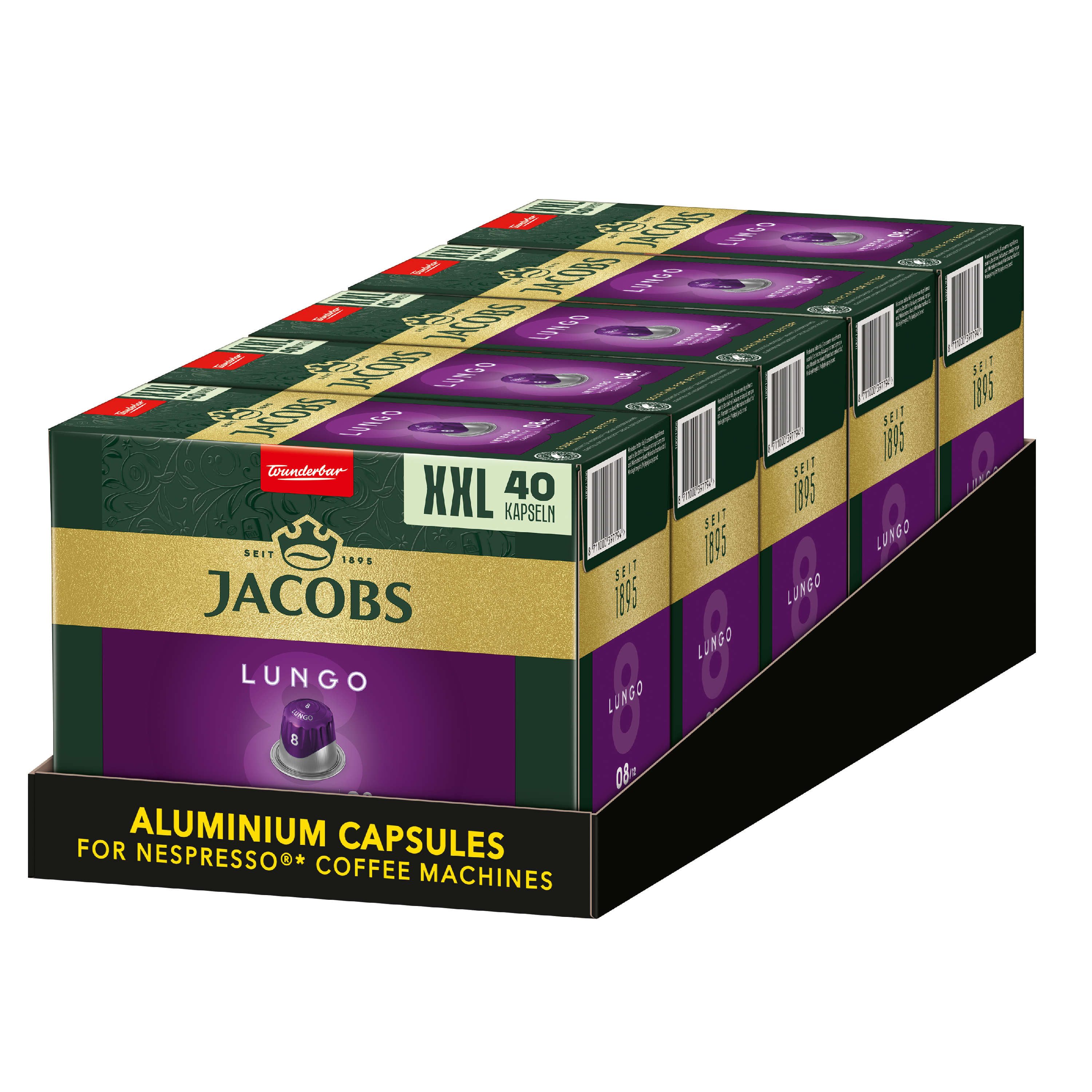 JACOBS Kaffee Kapseln Lungo 8 Intenso XXL-Pack 5 x 40 Nespresso®* kompatibel, (Packung, 5er Pack)