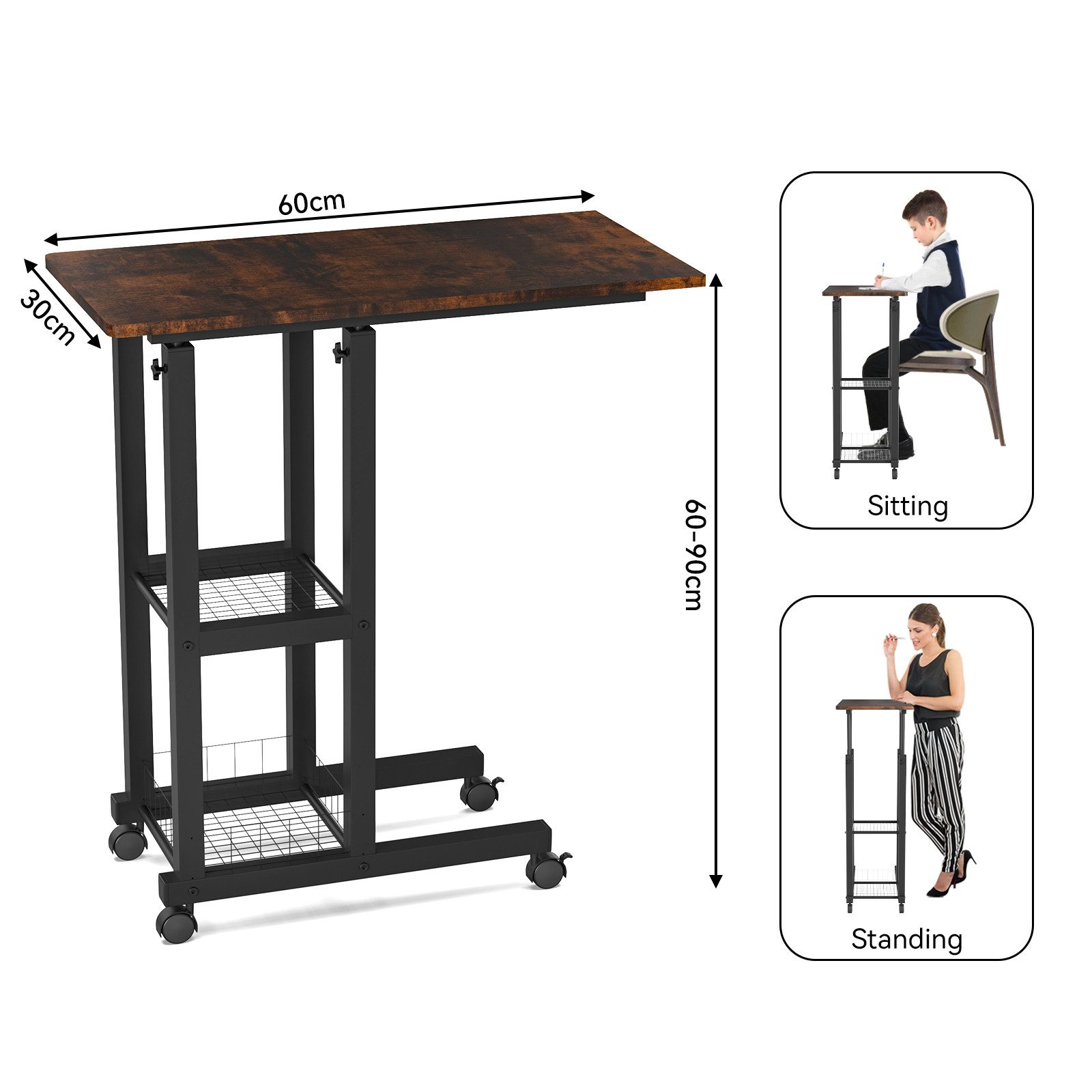JEOBEST Beistelltisch Couchtisch mit Rollen Laptoptisch Höhenverstellbar Schreibtisch, Sofatisch Nachttisch Kaffeetisch mit 2 unteren Regalen, C-förmig – Bild 3 von 5