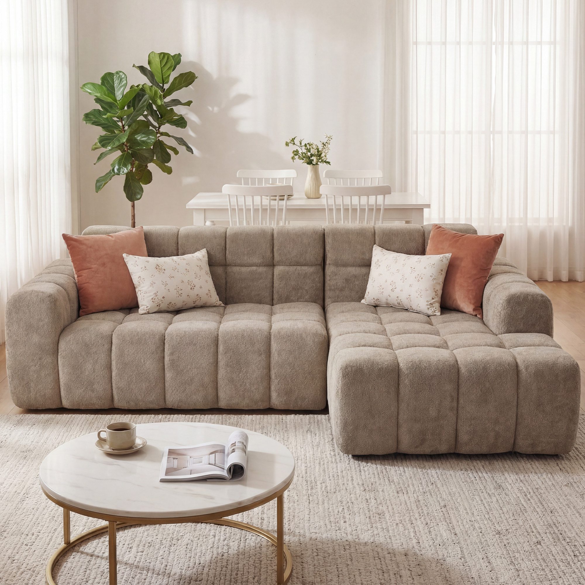 STILVORA Schlafsofa 3-Sitzer Sofa mit Fußhocker Ecksofa Chaiselongue für Büro & Wohnzimmer, Cloud-Kombinationssofa mit L-Liegestühlen und tiefen Sitzplätzen, Modulares Sofa Hochelastischer Schwamm, Bequeme Algenvelours-stoff