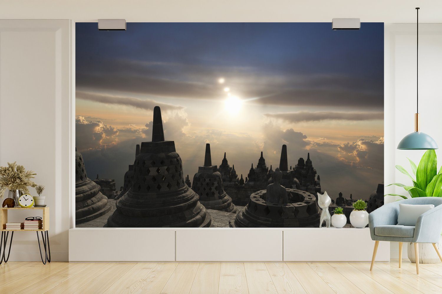 Wallpaper Sonnenuntergang, bei Schlafzimmer, Matt, St), Borobudur für bedruckt, Wohnzimmer, (6 MuchoWow Vinyl Kinderzimmer, Tapete Fototapete