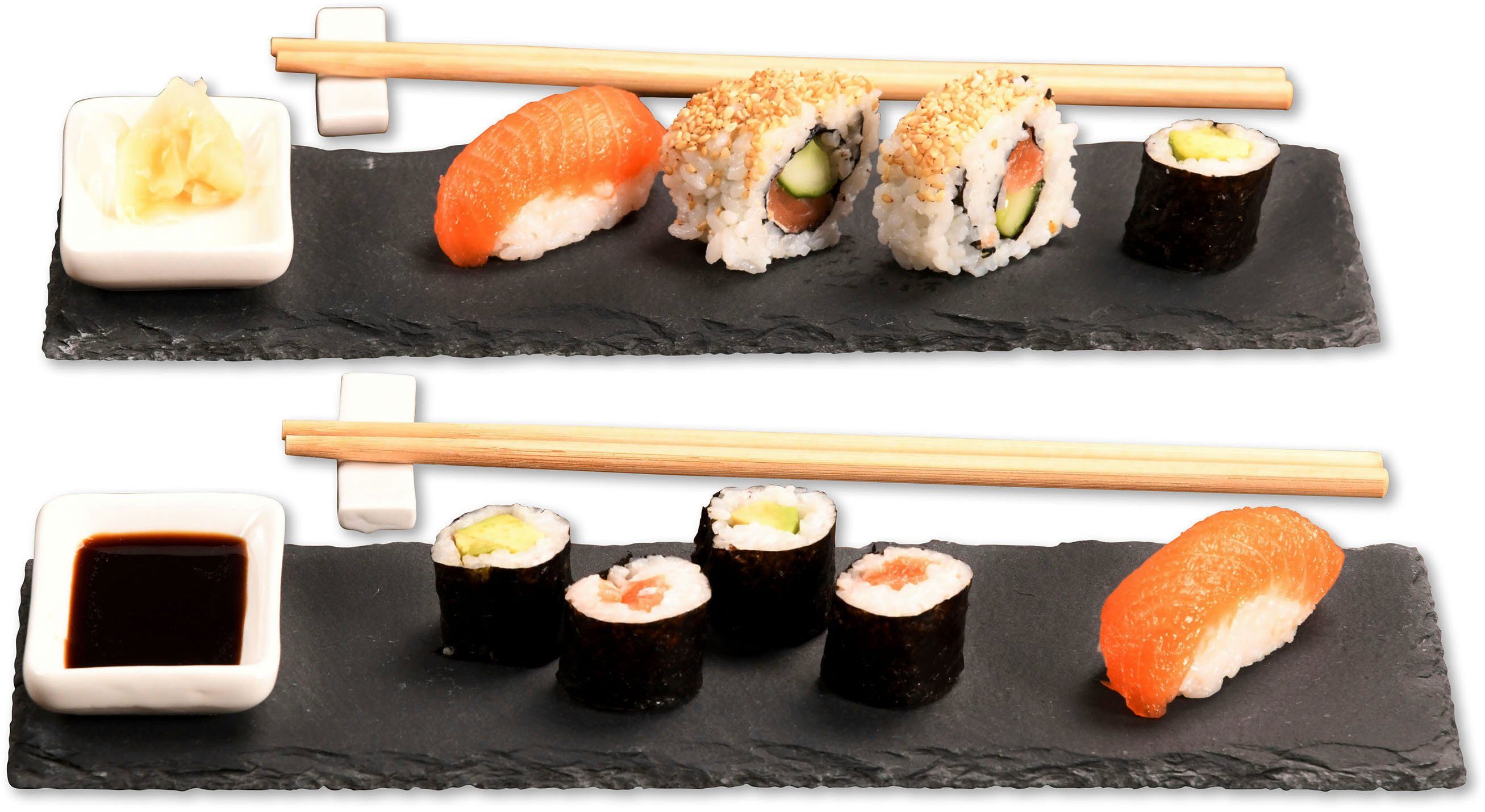 KESPER for kitchen & home Servierplatte (Sushi-Set), Holz, Porzellan,  Schiefer, (Set, 8-tlg), mit Zubehör, 2 Sushi-Stäbchenhalter aus Keramik 6 x  1,5 cm