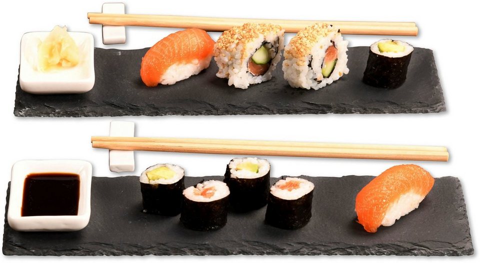 KESPER for kitchen & home Servierplatte (Sushi-Set), Holz, Porzellan,  Schiefer, (Set, 8-tlg), mit Zubehör, 2 Sushi-Stäbchenhalter aus Keramik 6 x  1,5 cm