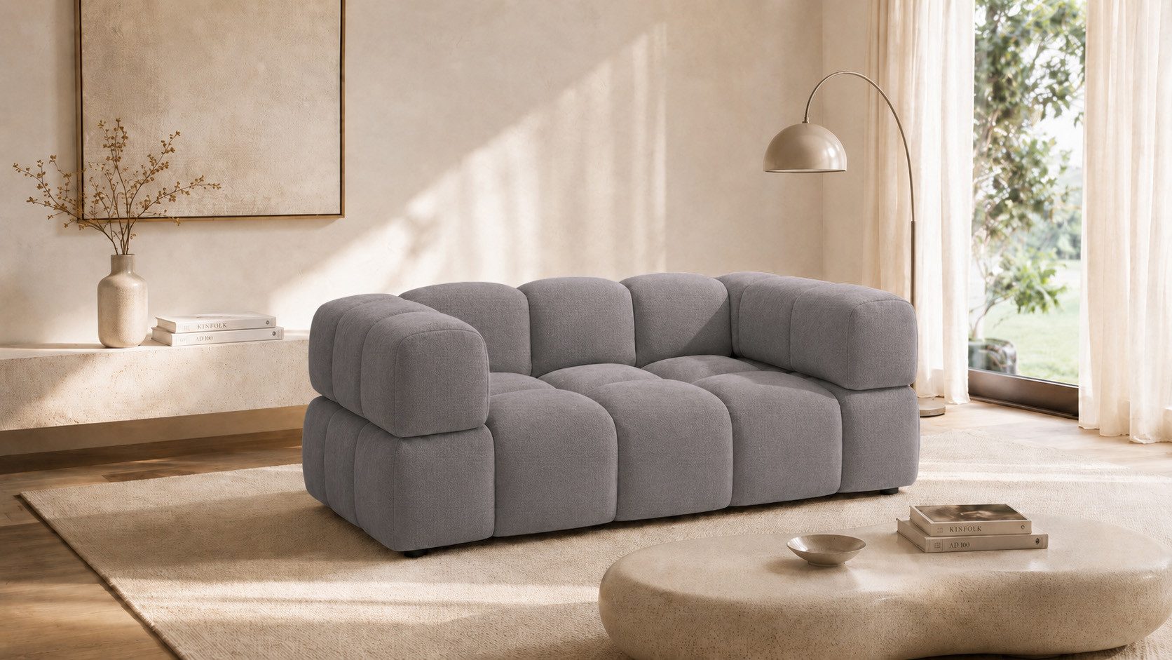 Kaiser Möbel Sofa 2-Sitzer im Veloursstoff Bluvel, AVERRO, Modernes Lounge-Design,Dekorative Steppungen