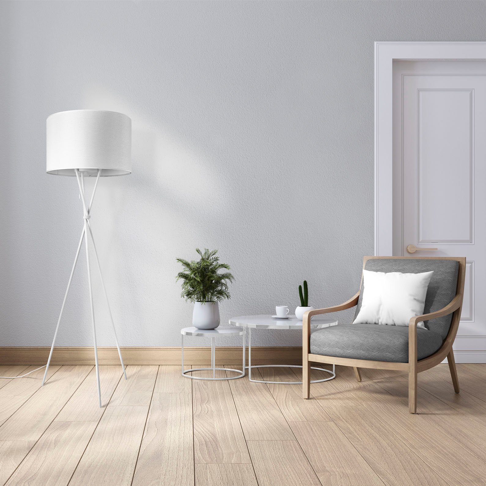 Paco Home Stehlampe KATE CANVAS ohne UNI COLOR, Schirm Standleuchte weiß weiß Dreibein E27 Wohnzimmer Textil Stoffschirmlampe Leuchtmittel