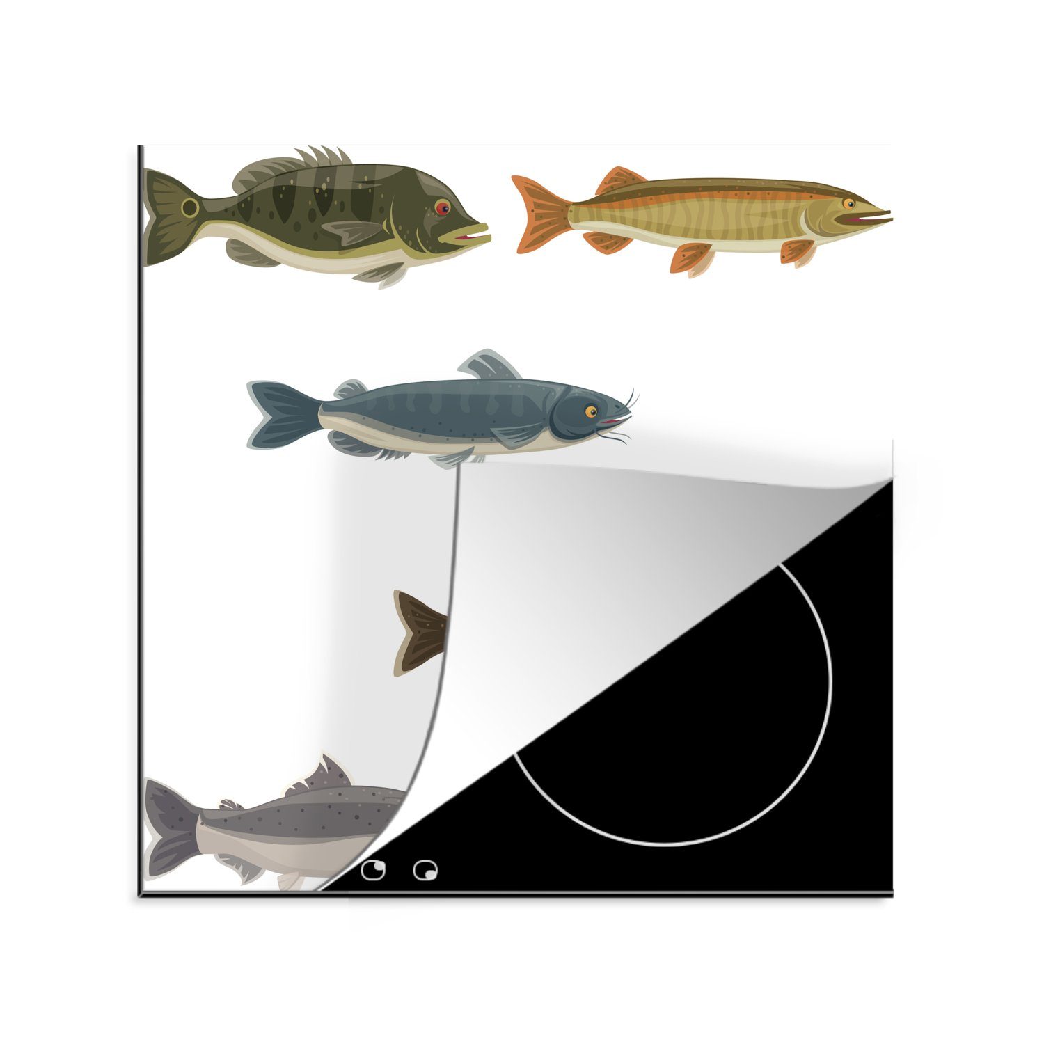 MuchoWow Herdblende-/Abdeckplatte Eine Illustration von sechs farbigen Fischen, Vinyl, (1 tlg), 78x78 cm, Ceranfeldabdeckung, Arbeitsplatte für küche