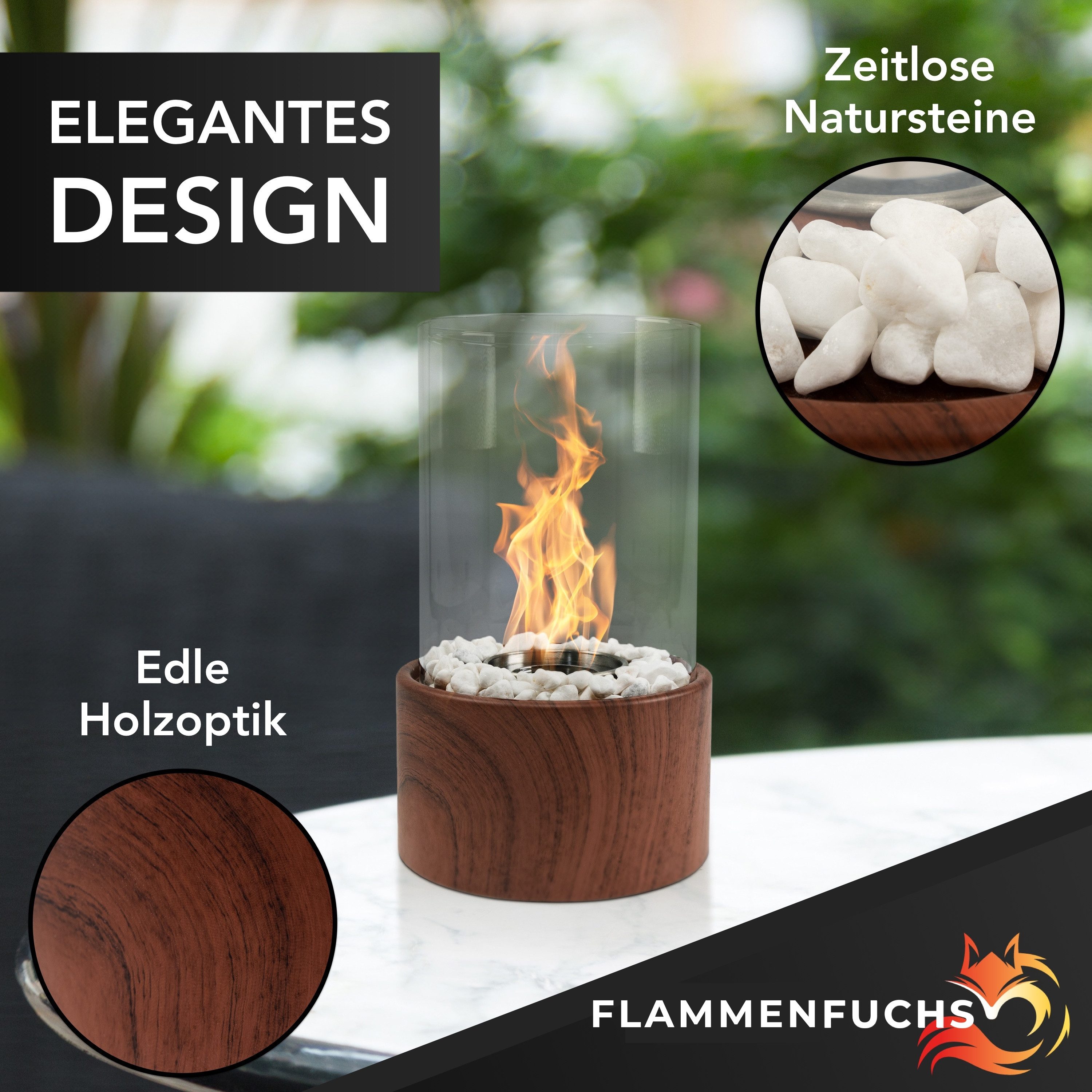 Flammenfuchs Tischfeuer in edler Holzoptik, Bio-Ethanol Tischkamin, Verstellbare Flammengröße, Ersatzbrenner für unendliche Brenndauer