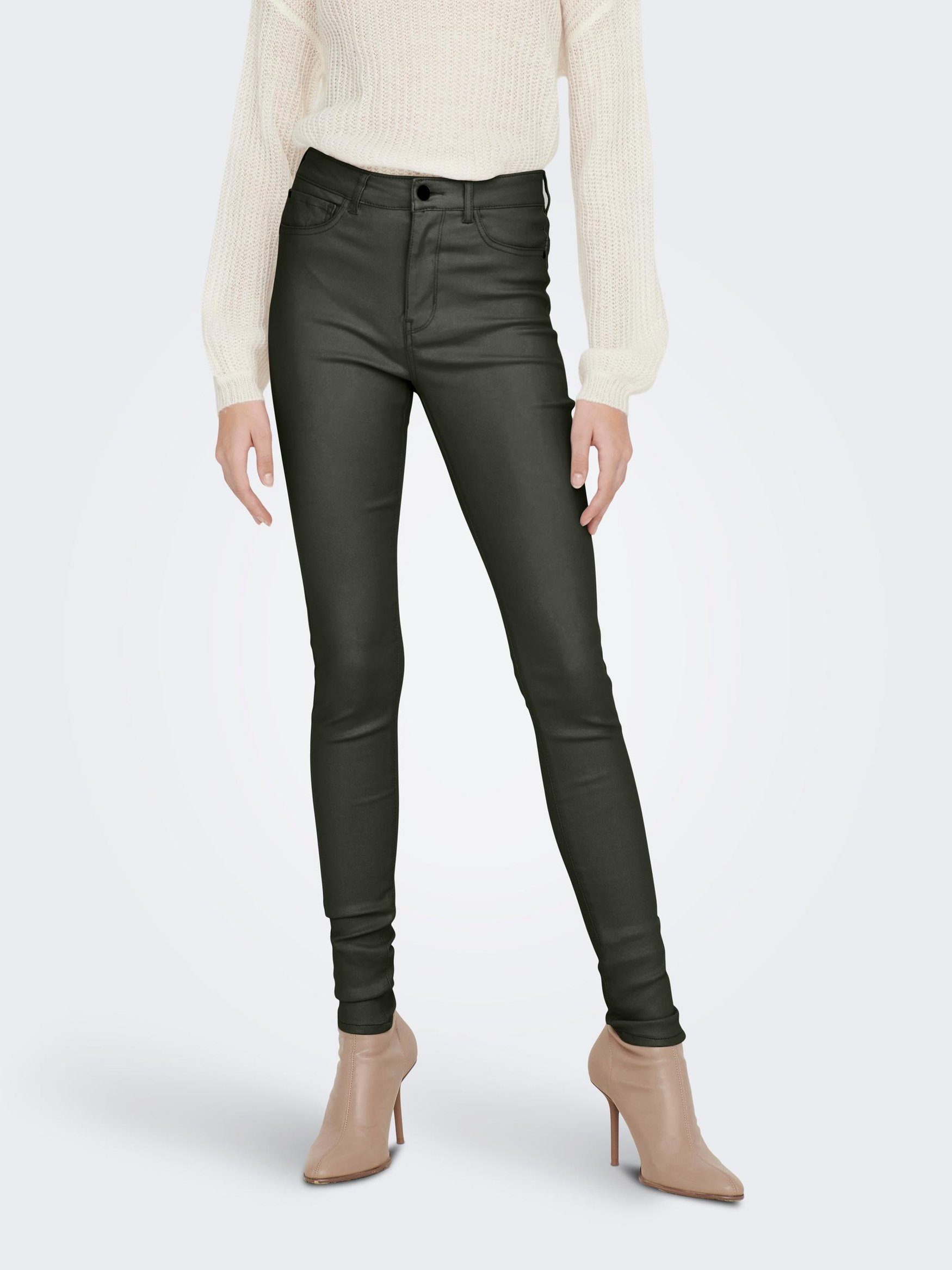 Jeans Optik Waist JDY in de Denim Braun Coated 3358 Leder YONG Lederimitathose Pants JACQUELINE (1-tlg) High Skinny Stretch