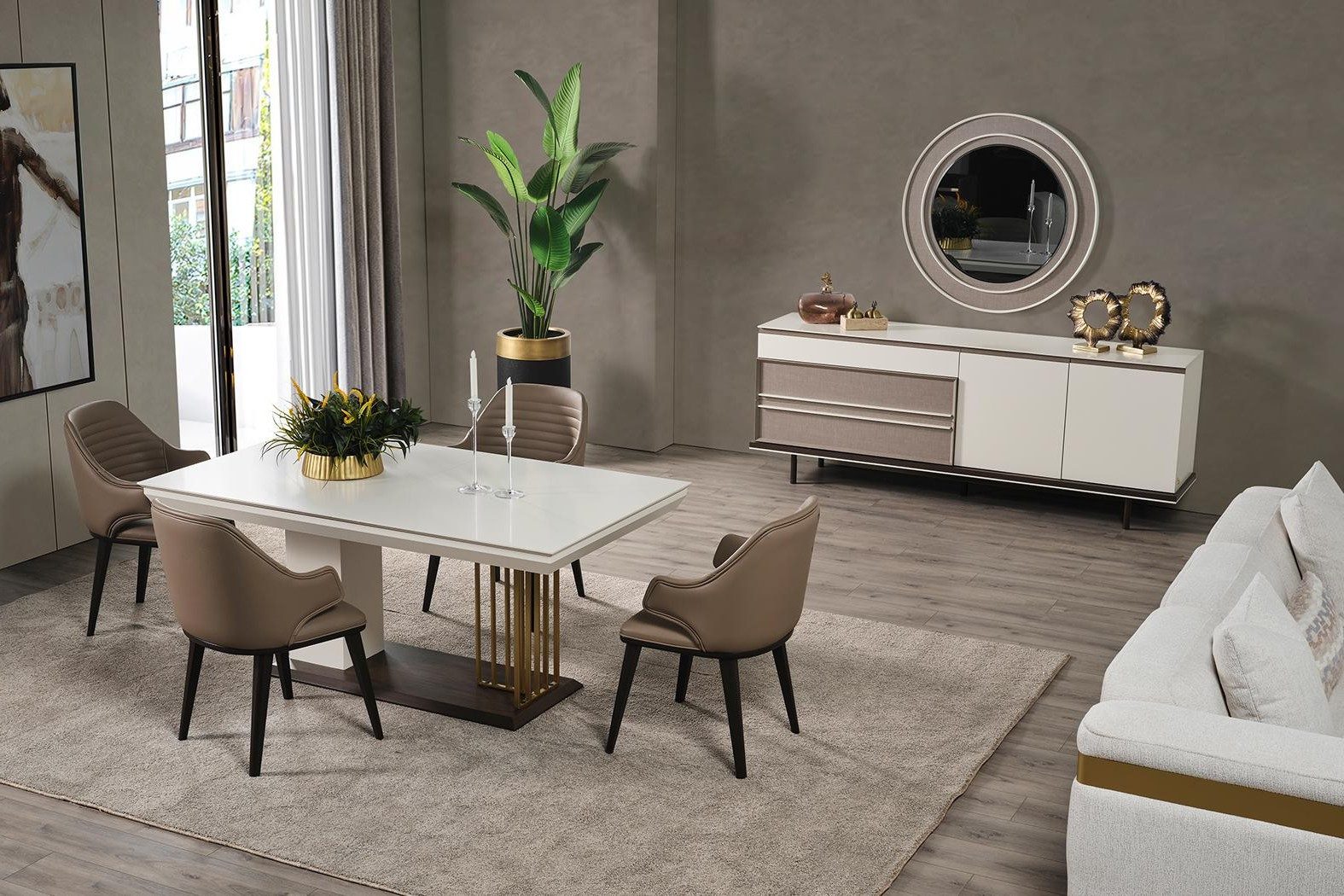 Xlmoebel Esszimmer-Set Essgruppe mit Esstisch, 4 Stühlen, Sideboard und Spiegel 7tlg, (8-St), Made in Europa