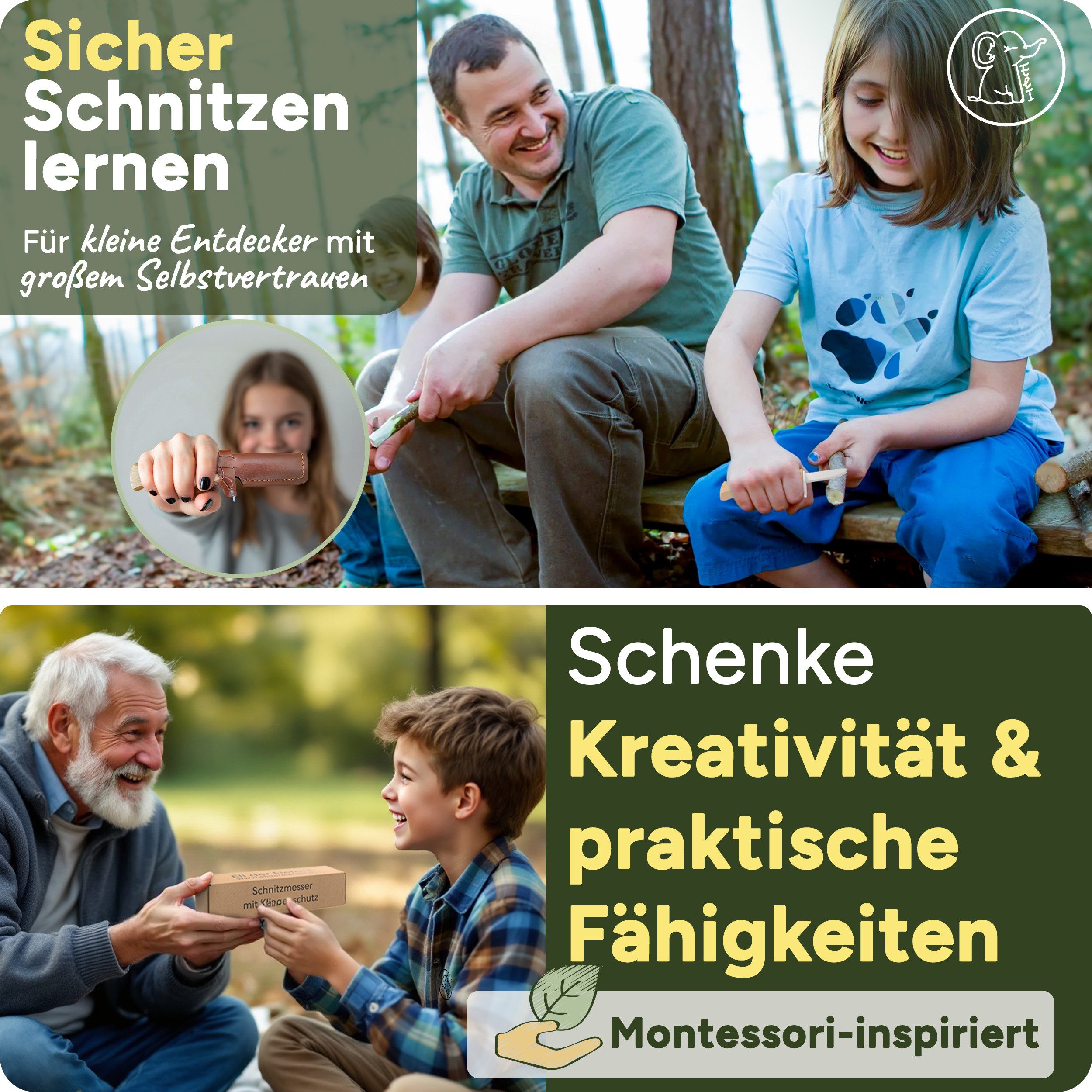 Eli Taschenmesser Schnitzmesser für Kinder ab 6 Jahre inkl. Klingenschutz aus Leder, (Kindermesser - Kinderschnitzmesser - Beidhändig - rostfreier Stahl, Buchenholzgriff), Schnitzwerkzeug - Outdoor Messer