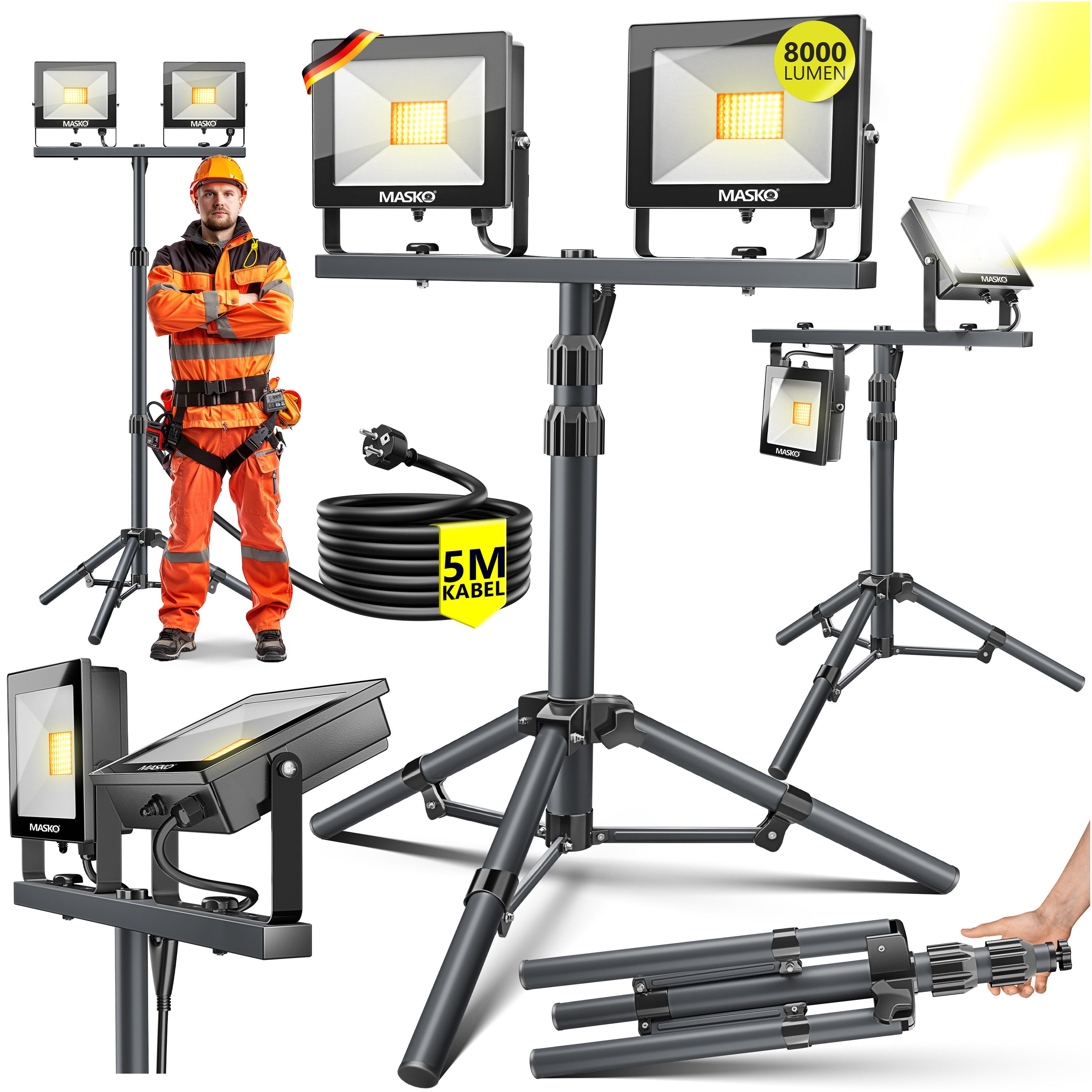 MASKO LED Baustrahler LED Fluter mit Stativ höhenverstellbar bis 202cm, 800 günstig online kaufen