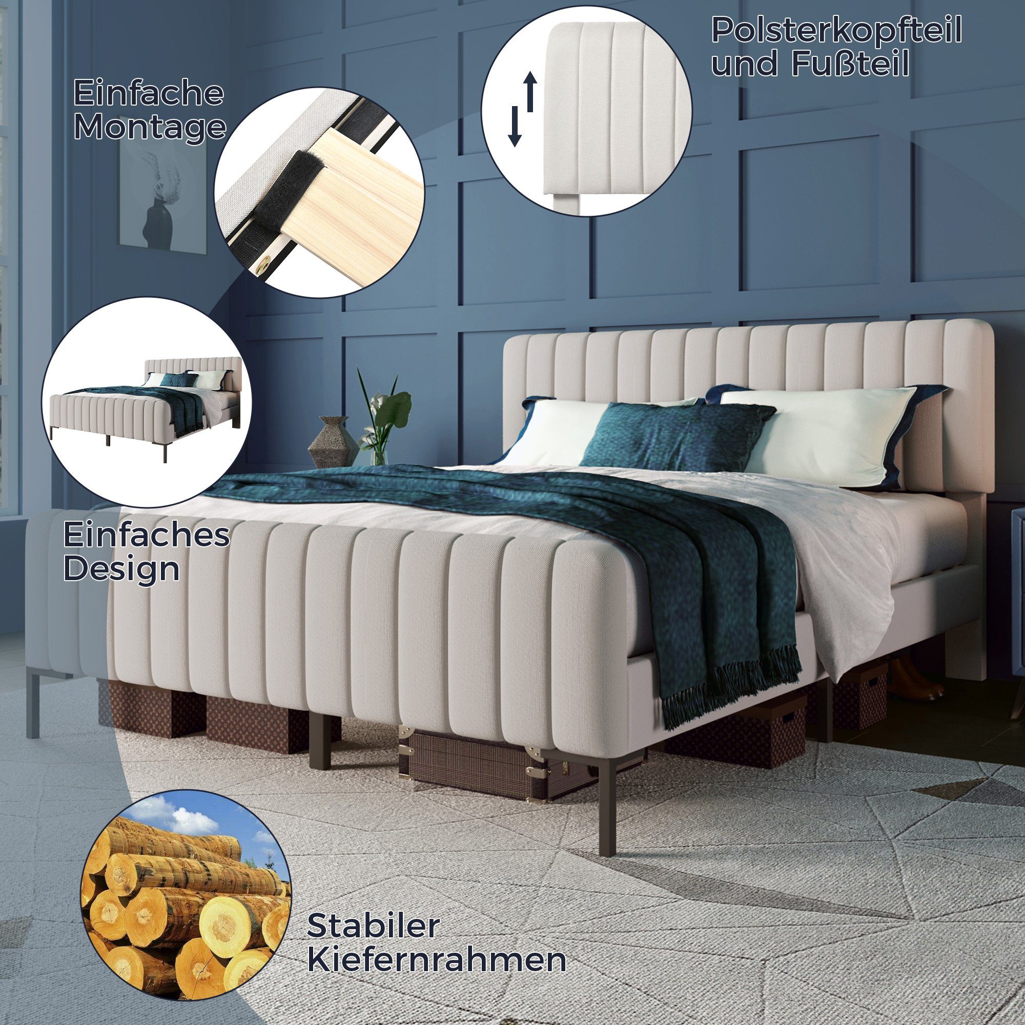 BlingBin Einzelbett Polsterbett Doppelbett (1-tlg., mit Lattenrost, Grau-Be günstig online kaufen