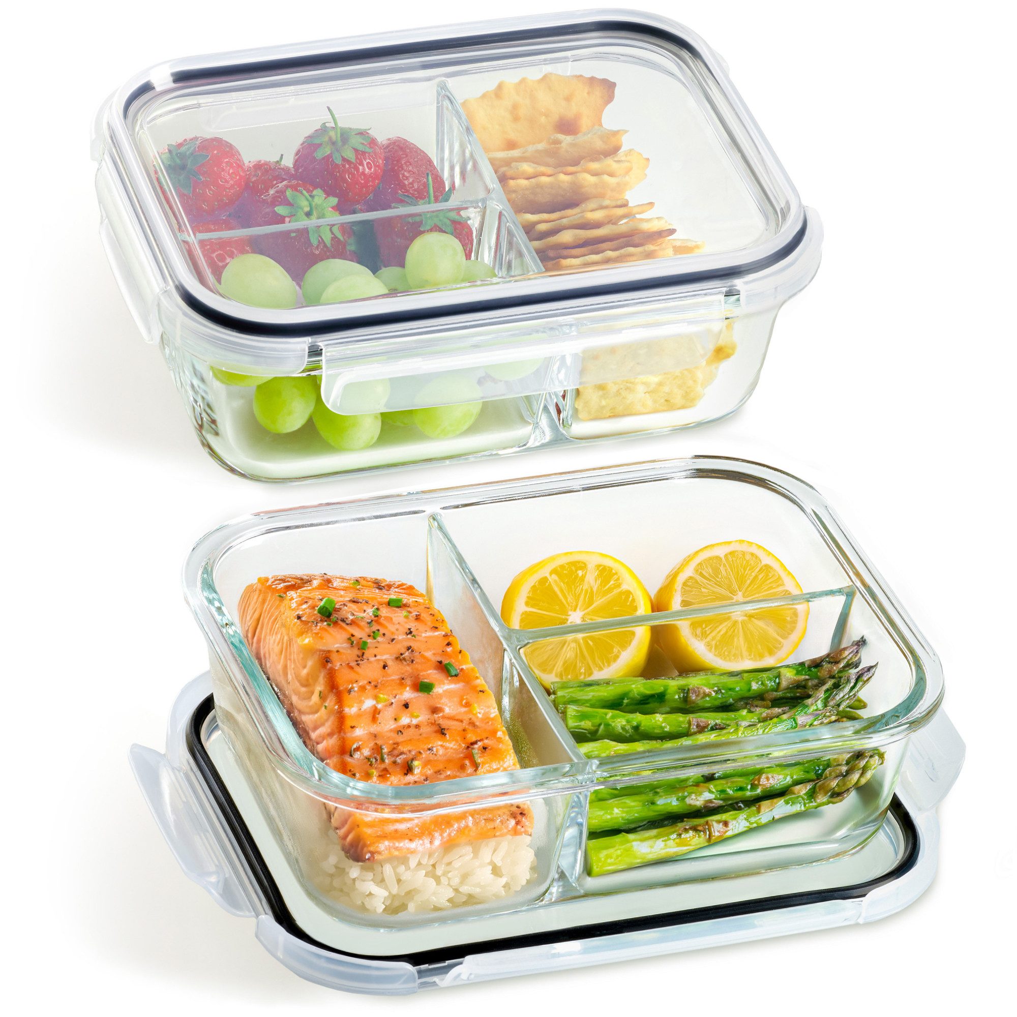 Praknu Lunchbox Meal Prep Boxen Glas 3 Fächer - Glasdosen 2er Set mit Deckel 1000ml, Borosilikatglas mit BPA-freiem Kunststoffdeckel und Silikon, (Set), 1000 ml Glasbehälter Ofenfest - Bento Box Zum Einfrieren - Tupper