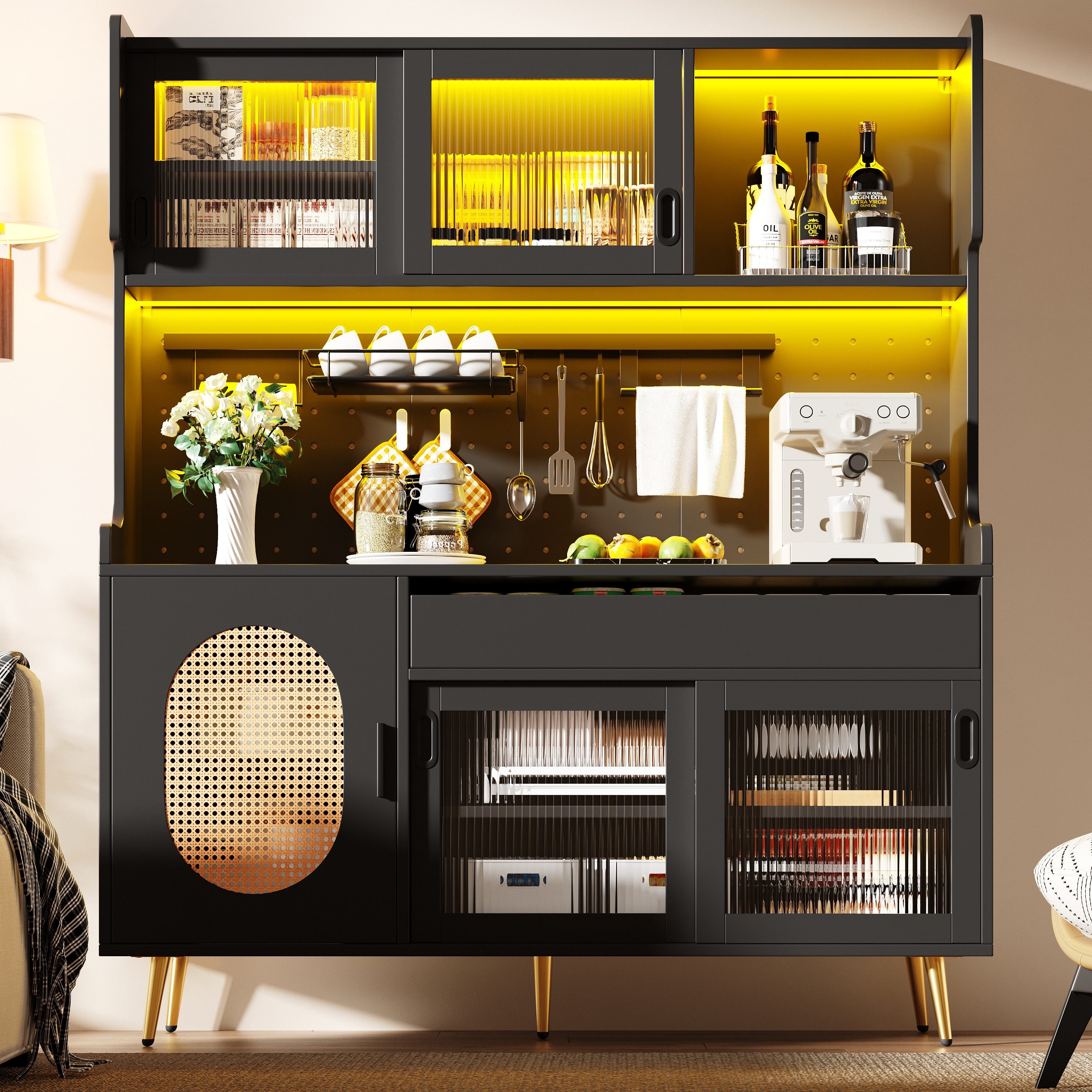 Odikalo Küchenbuffet Küchenschrank Buffetschrank mit LED (145x39x171cm, Landhausstil, 5 Türen, mit LED-Lichtleiste & Ordnungslockplatte, Fluted Glas Türen)