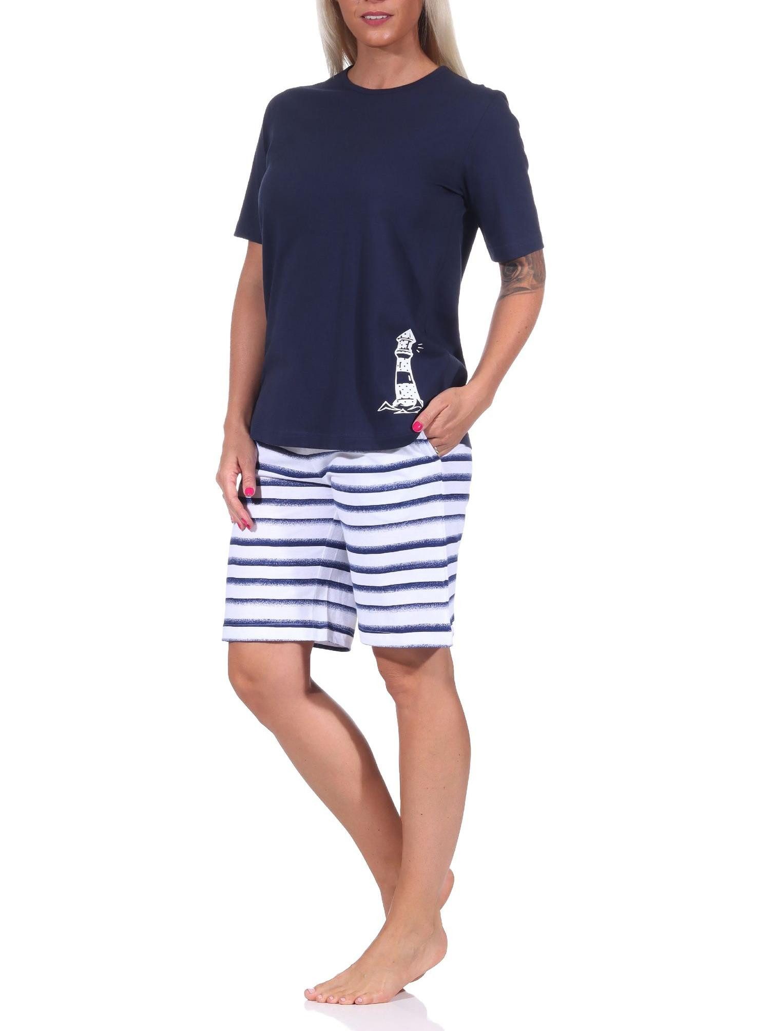 Normann Pyjama Maritimer Damen kurzarm Shorty Schlafanzug, Top mit Leuchturm Motiv