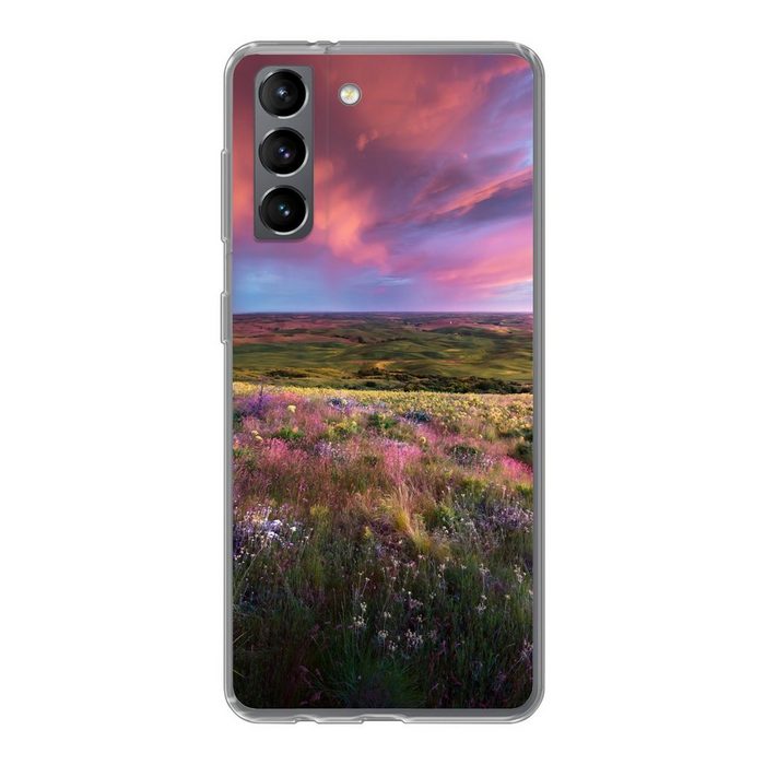 MuchoWow Handyhülle Sonnenuntergang - Blumen - Heidekraut Phone Case Handyhülle Samsung Galaxy S21 Silikon Schutzhülle